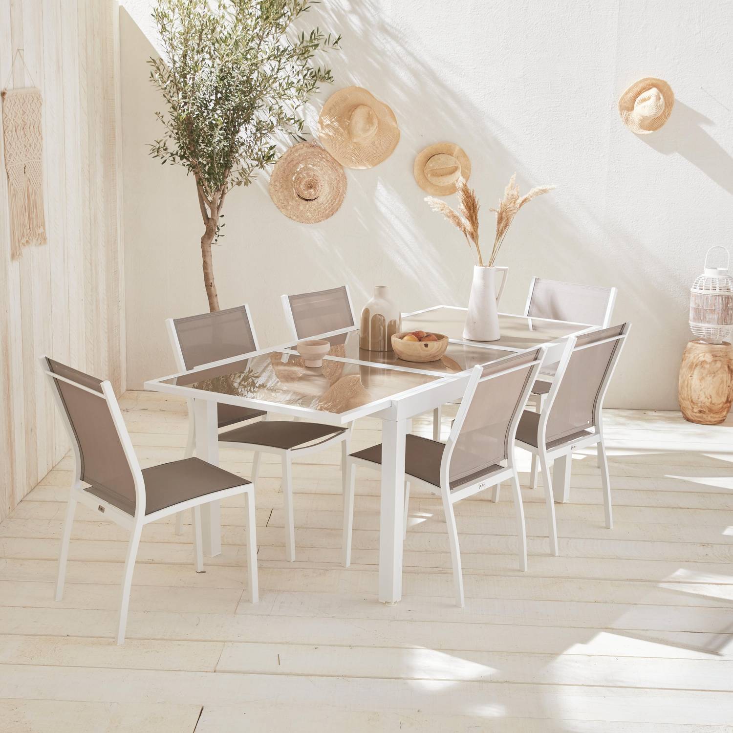 Tavolo da giardino allungabile - modello: Orlando, colore: Talpa - Tavolo in alluminio, dimensioni: 150/210cm, ripiano in vetro, prolunga e 6 sedie in textilene Photo1