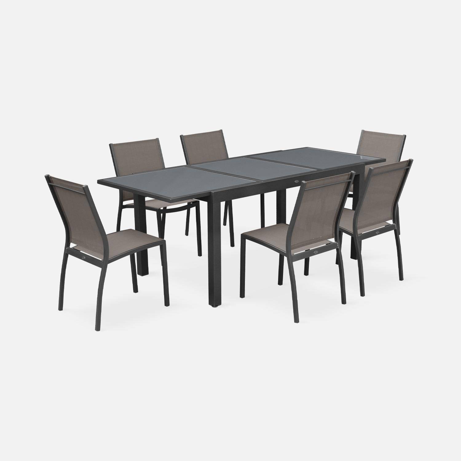 Ausziehbarer Tisch Gartengarnitur - Orlando Dunkelgrau - Aluminiumtisch 150/210 cm, Glasplatte, mit Verlängerung und 6 Sitzen aus Textilene Photo2