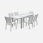 Salon de jardin table extensible - Orlando Gris clair - Table en aluminium 150/210cm, plateau de verre, rallonge et 6 chaises en textilène Photo2