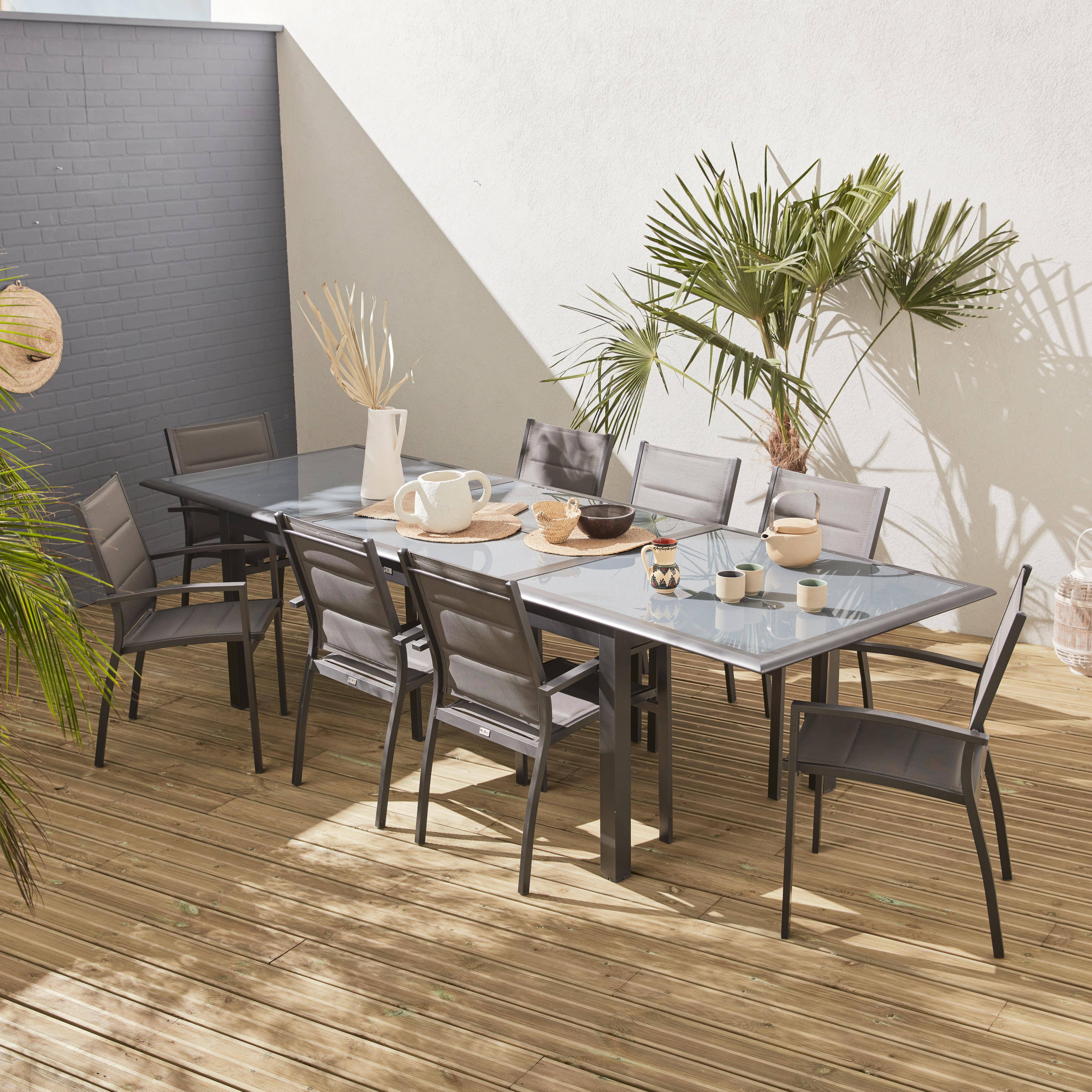 8-seater garden dining set, extendable 200-300cm aluminium table and 8 armchairs - Philadelphia - Anthracite textilene Photo1