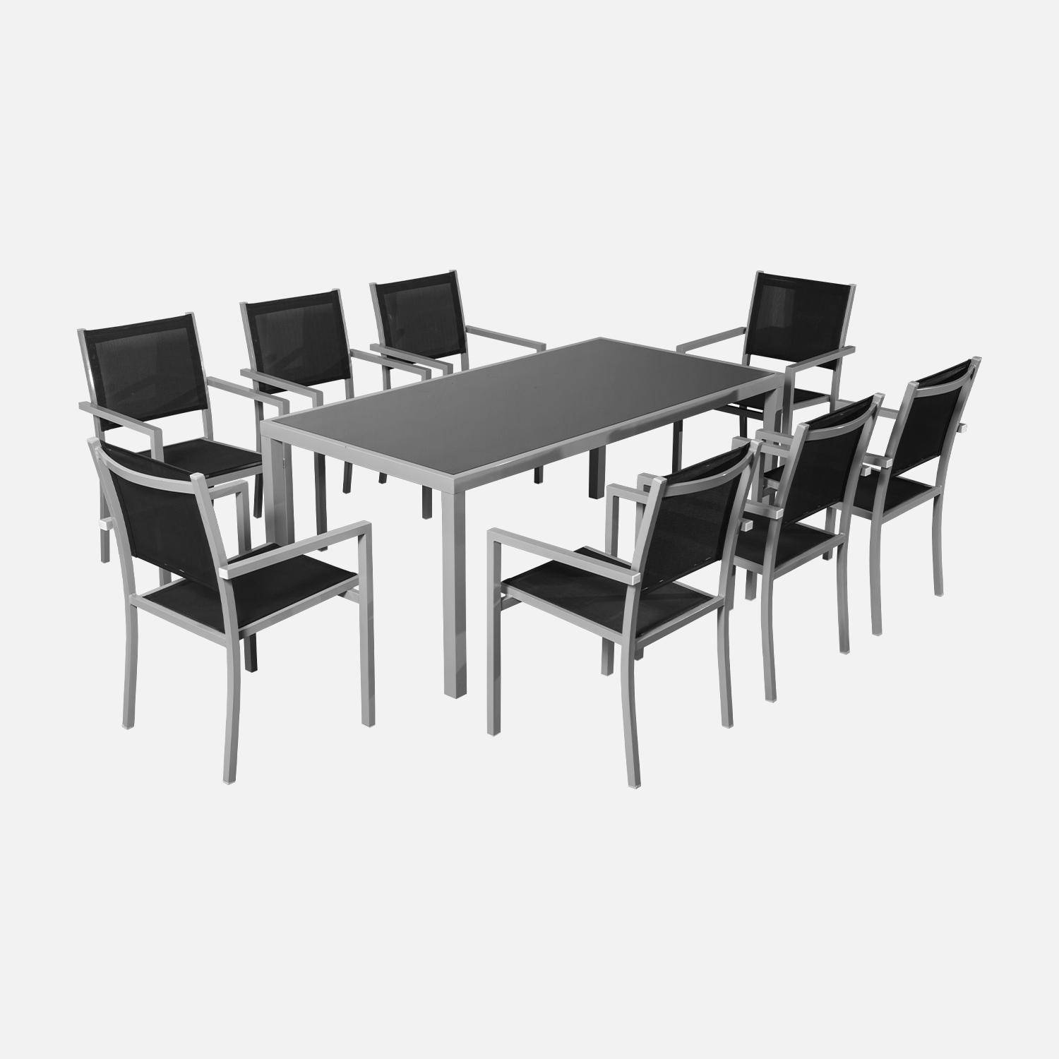 Gartengarnitur aus Aluminium und Textilene - Capua 180 cm - Grau, Schwarz - 8 Plätze - 1 großer rechteckiger Tisch, 8 stapelbare Sessel Photo2