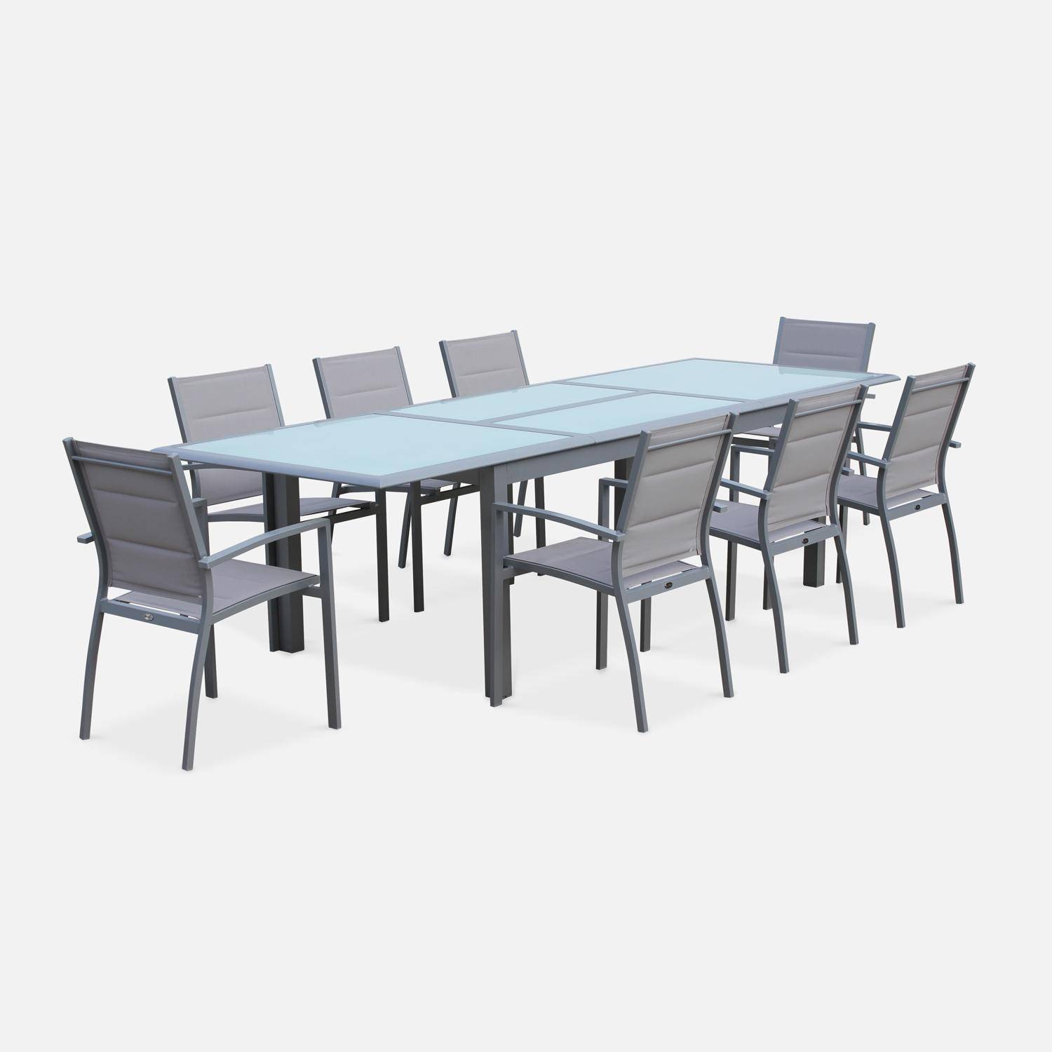 Ausziehbarer Tisch Gartengarnitur - Philadelphie Hellgrau - Aluminiumtisch 200/300 cm, Glasplatte, Verlängerung, 8 Sitze aus Textilene Photo1