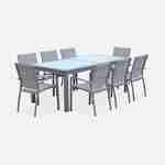 Ausziehbarer Tisch Gartengarnitur - Philadelphie Hellgrau - Aluminiumtisch 200/300 cm, Glasplatte, Verlängerung, 8 Sitze aus Textilene Photo2