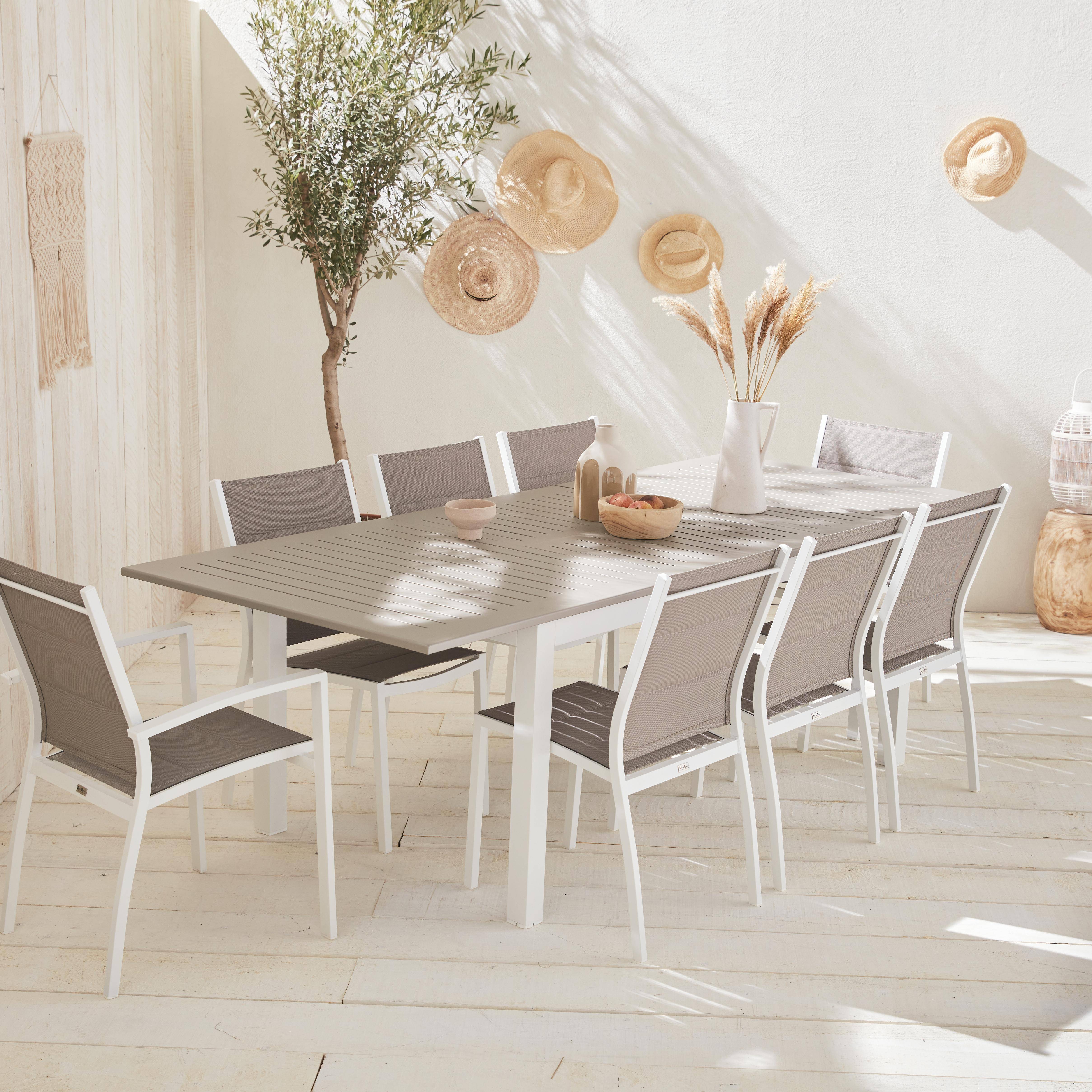 8-seater garden dining set, extendable 175-245cm aluminium table, 6 chairs and 2 armchairs - Chicago 8 - White frame, Beige-Brown textilene Photo1