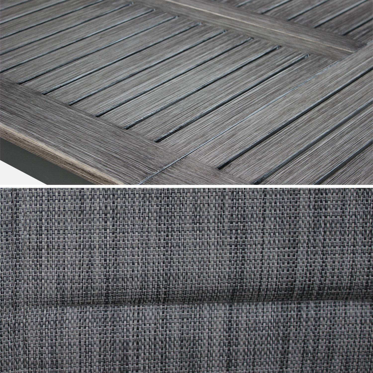 Chicago Gartengarnitur Aluwood Alter Holz-Effekt graumeliert mit ausziehbarem Tisch 175/245cm und 8 Stühle aus Textilene graumeliert Photo6