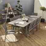 Salon de jardin Chicago aluwood effet bois vieilli Gris foncé avec table extensible à rallonge 175/245cm et 8 assises en textilène gris foncé chiné Photo1
