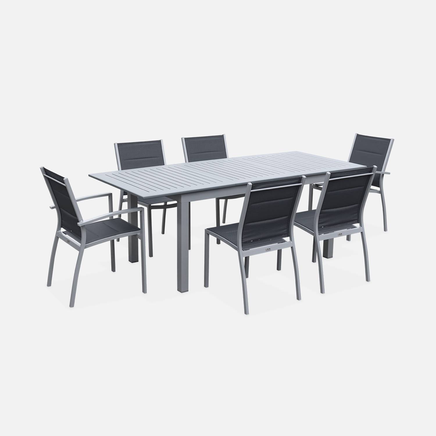 Salon de jardin table extensible - Chicago 210 Gris - Table en aluminium 150/210cm avec rallonge et 6 assises en textilène | sweeek