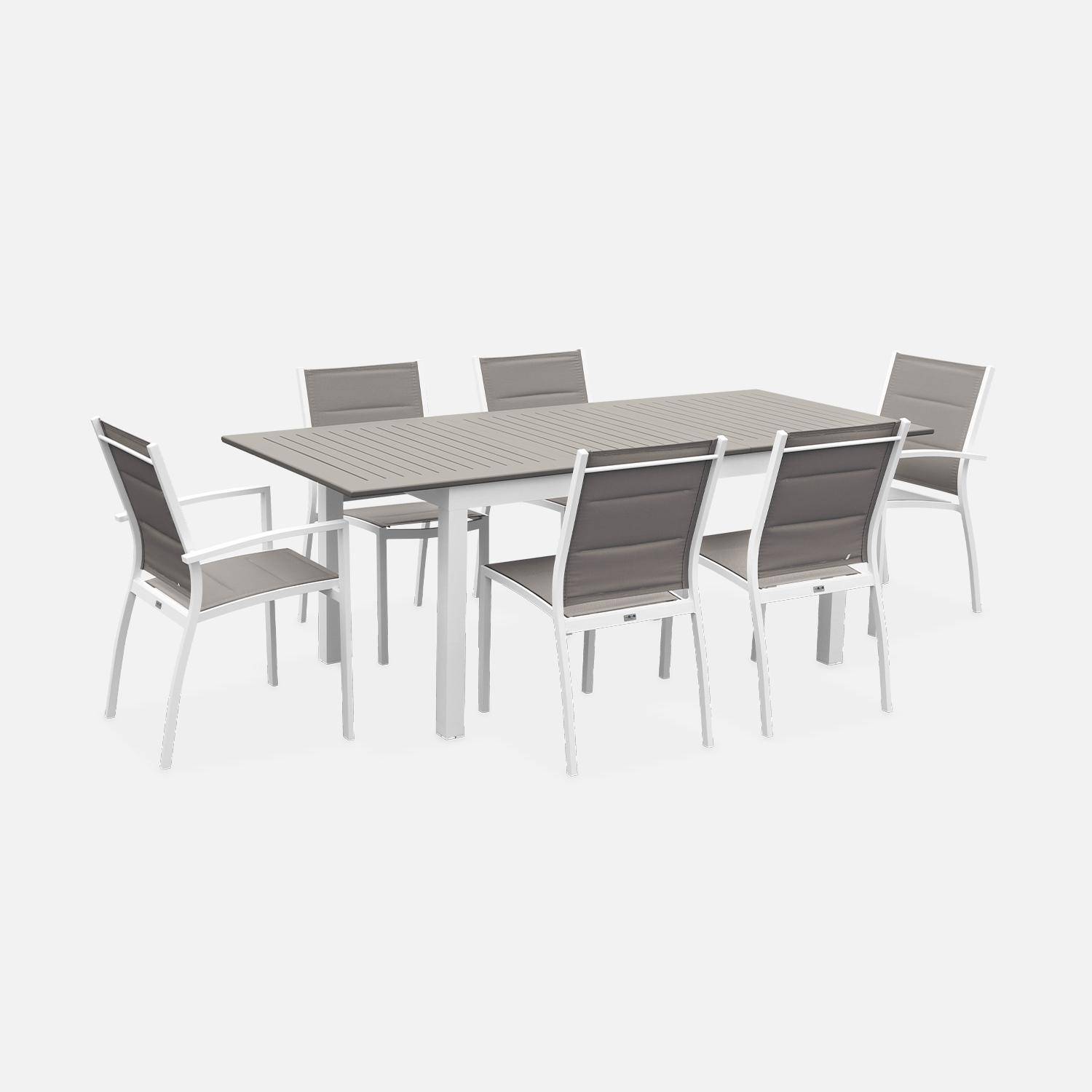 6-seater garden dining set, extendable 150-210cm aluminium table, 4 chairs and 2 armchairs - Chicago 6 - White frame, Beige-Brown textilene,sweeek,Photo2