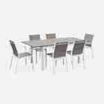 Chicago set, 1 tafel met een verlengstuk,  2 fauteuils, 4 stoelen uit aluminium en textileen Photo2