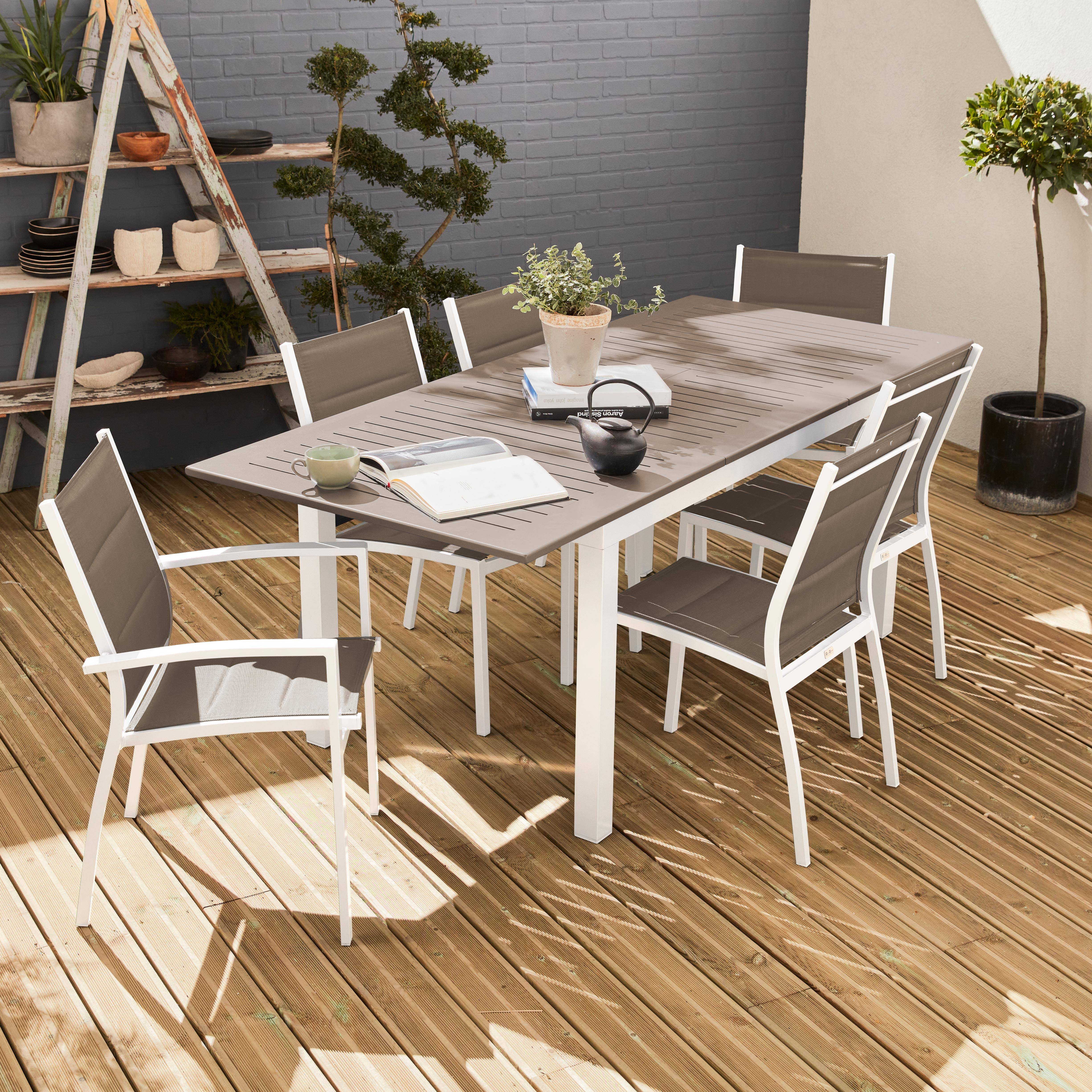 6-seater garden dining set, extendable 150-210cm aluminium table, 4 chairs and 2 armchairs - Chicago 6 - White frame, Beige-Brown textilene Photo1