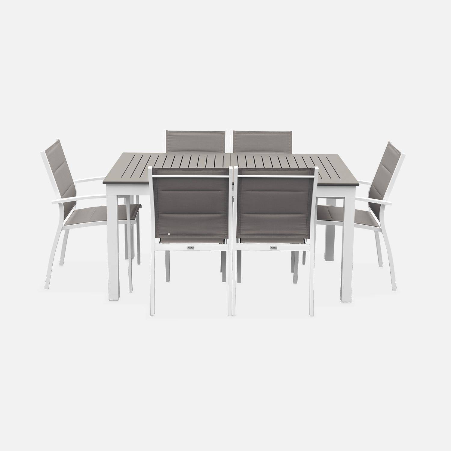 6-seater garden dining set, extendable 150-210cm aluminium table, 4 chairs and 2 armchairs - Chicago 6 - White frame, Beige-Brown textilene Photo4