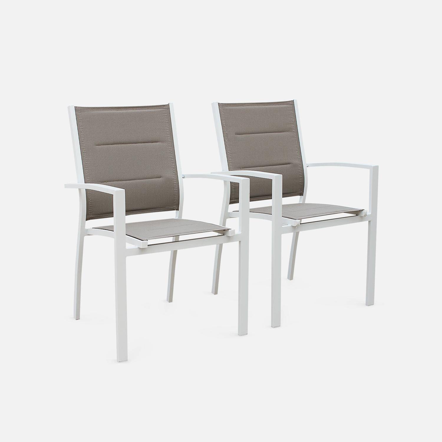6-seater garden dining set, extendable 150-210cm aluminium table, 4 chairs and 2 armchairs - Chicago 6 - White frame, Beige-Brown textilene,sweeek,Photo7