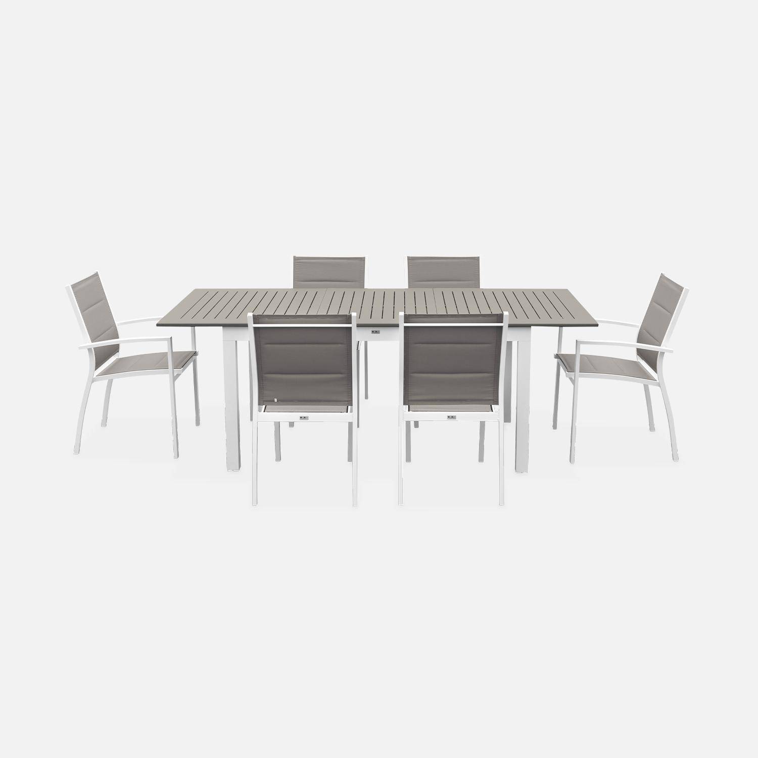 6-seater garden dining set, extendable 150-210cm aluminium table, 4 chairs and 2 armchairs - Chicago 6 - White frame, Beige-Brown textilene Photo3