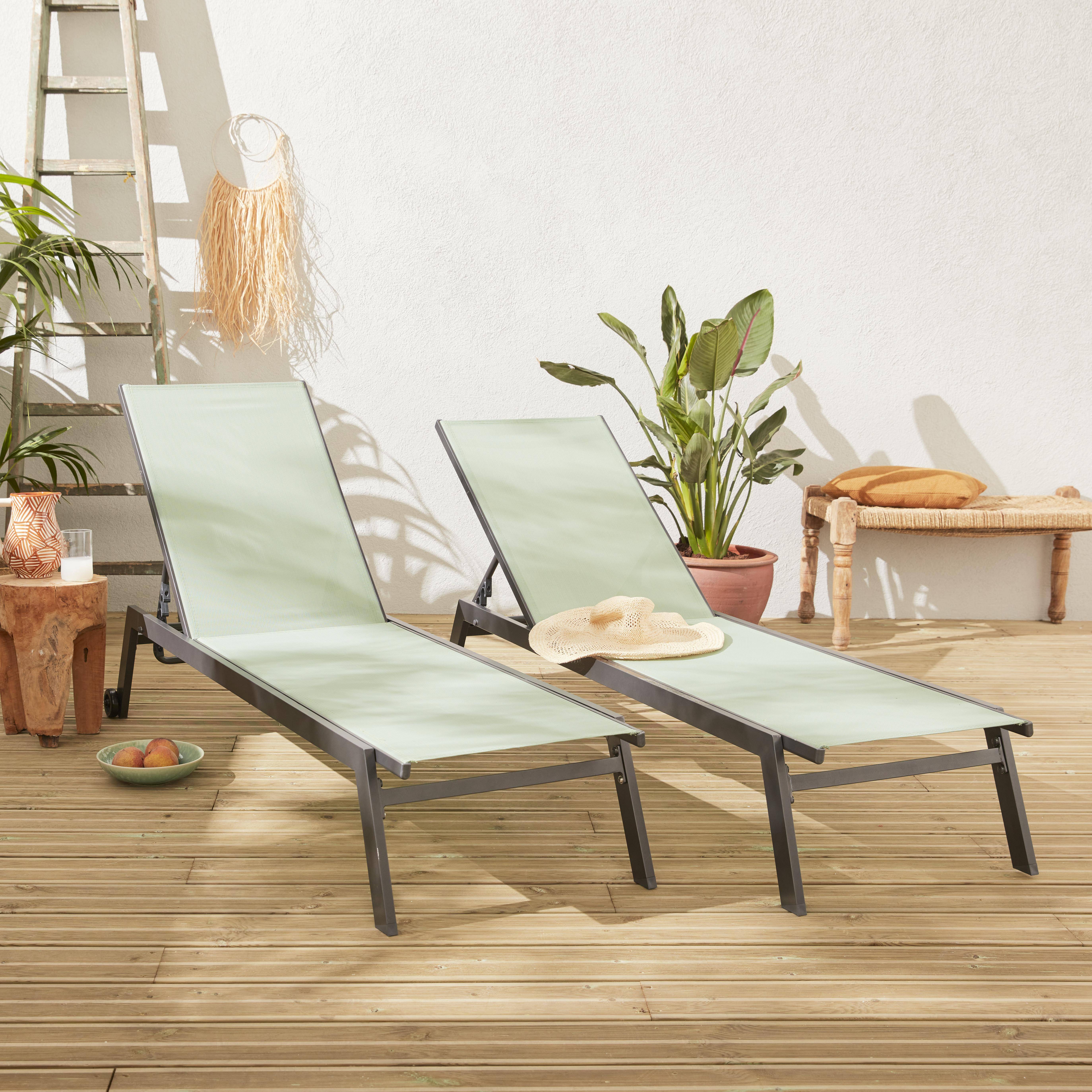 Pair of multi-position aluminium sun loungers with wheels - Elsa - Anthracite frame, Sage Green textilene fabric Photo1