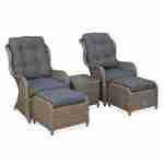 Set mit 2 Relax-Sesseln aus abgerundetem Kunststoffrattan mit Fußstütze und Couchtisch - Barletta Natur - Rattan-Look, anthrazitgraue Kissen, Aluminiumgestell Photo1