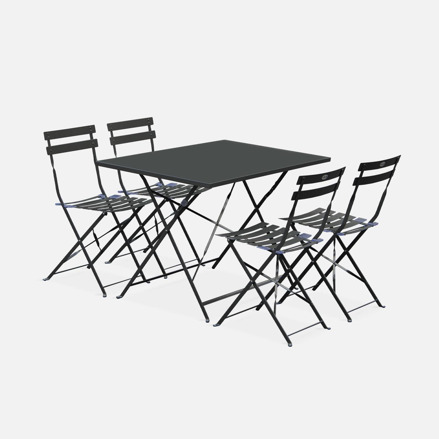 Salon de jardin bistrot pliable Emilia rectangulaire gris anthracite avec quatre chaises pliantes, acier thermolaqué | sweeek