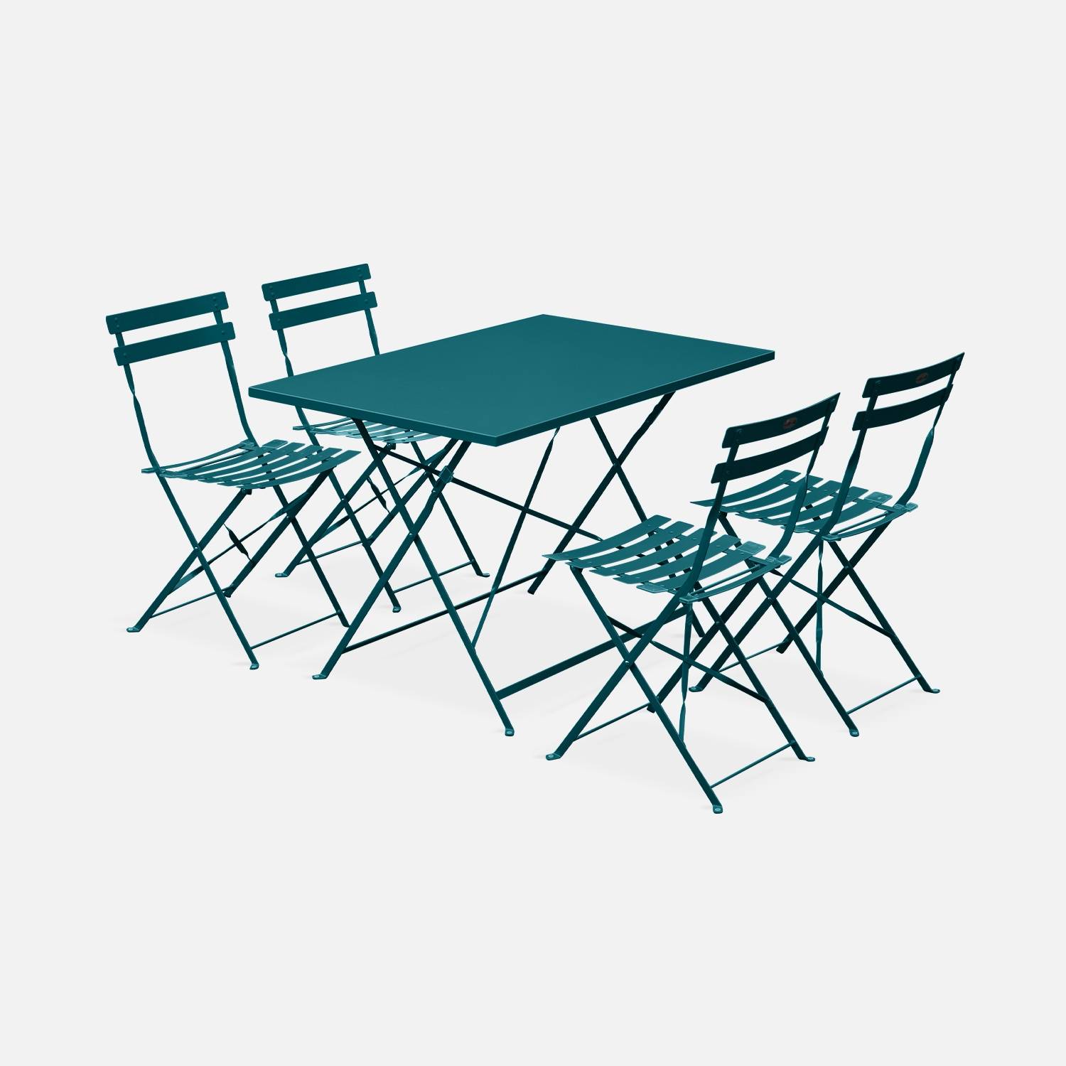 Conjunto de mobiliário de jardim bistrô dobrável retangular Emilia em azul pato, com quatro cadeiras dobráveis, aço com revestimento em pó | sweeek