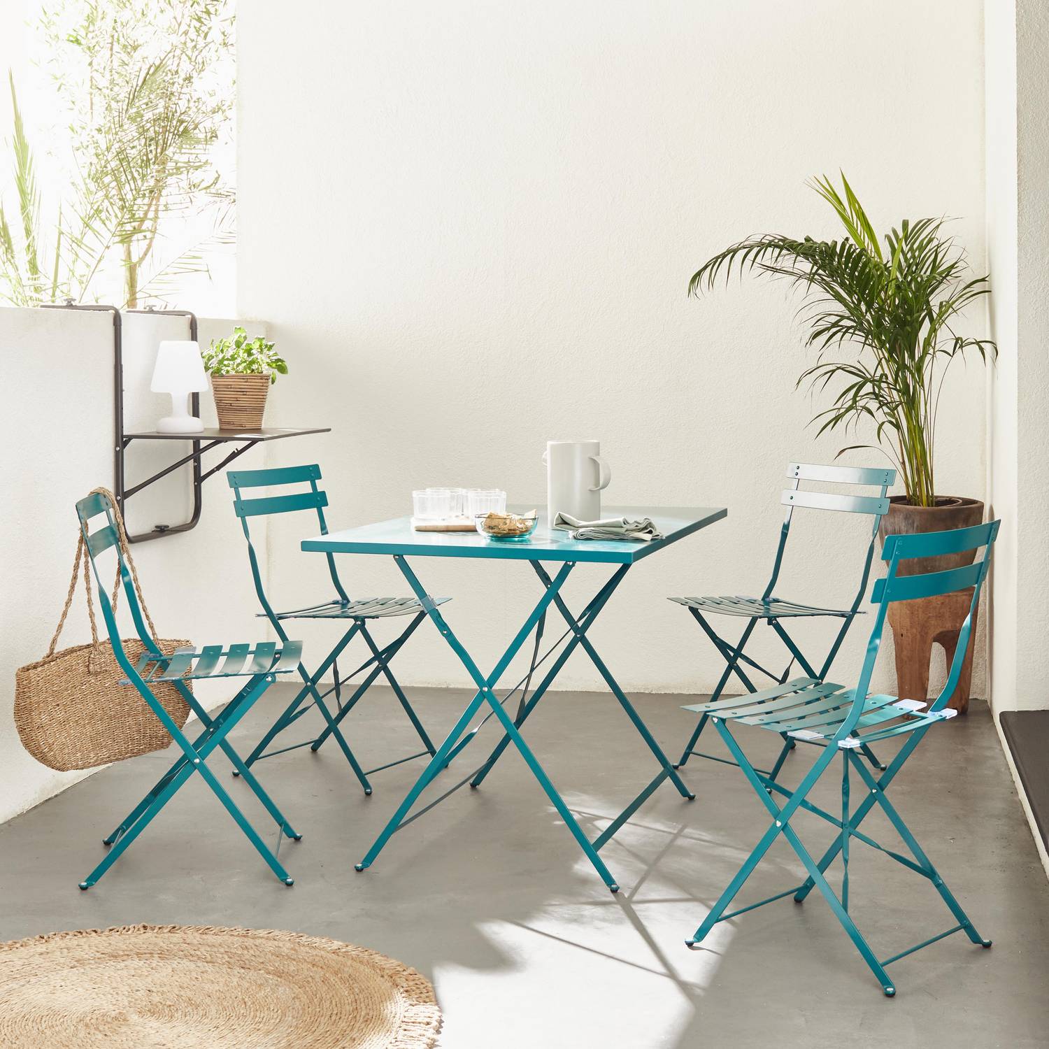 Salon de jardin bistrot pliable - Emilia rectangulaire bleu canard - Table rectangulaire 110x70cm avec quatre chaises pliantes, acier thermolaqué Photo1