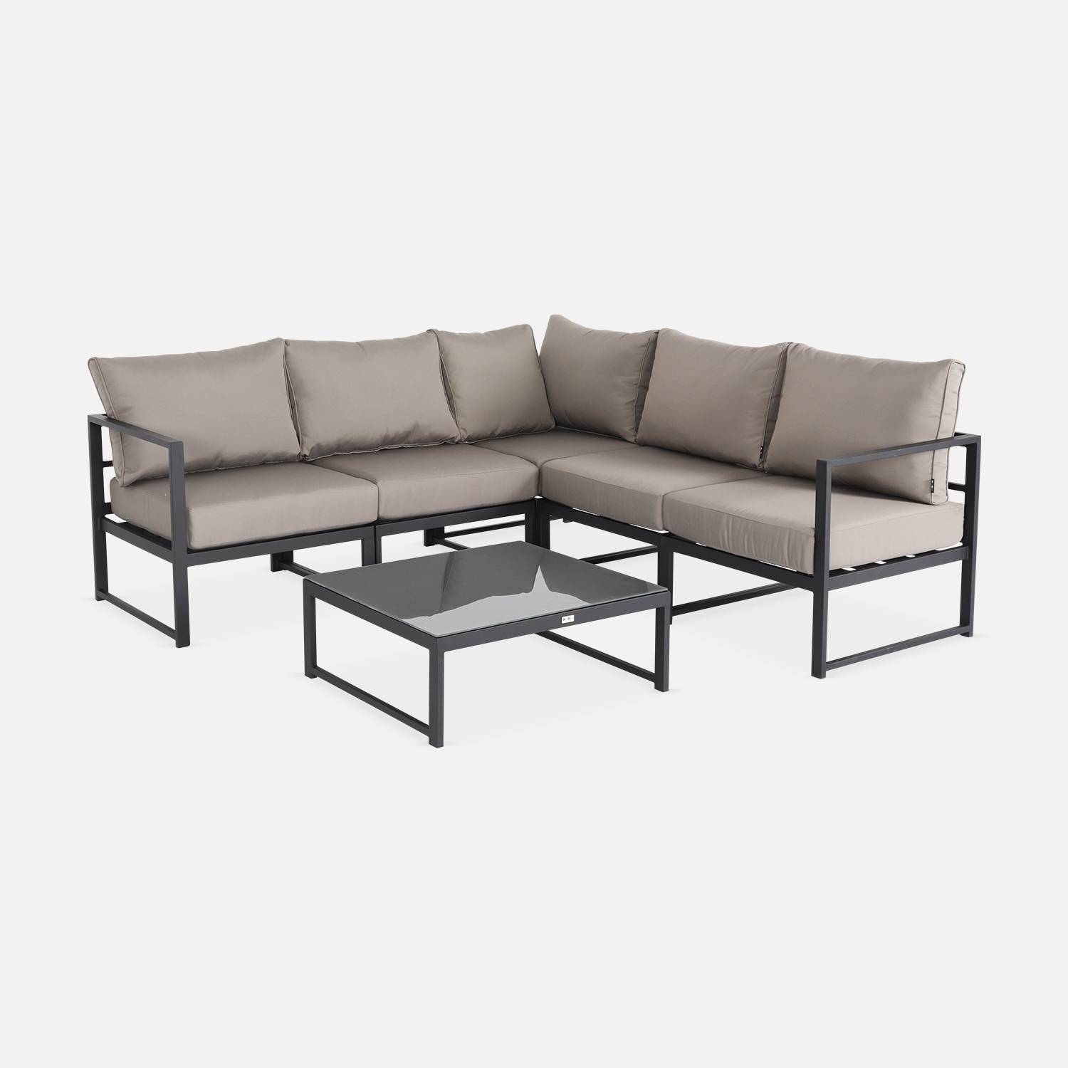 Salon de jardin 5 places Stratum en aluminium, structure anthracite et coussins taupe, design et modulable, coussins épais | sweeek