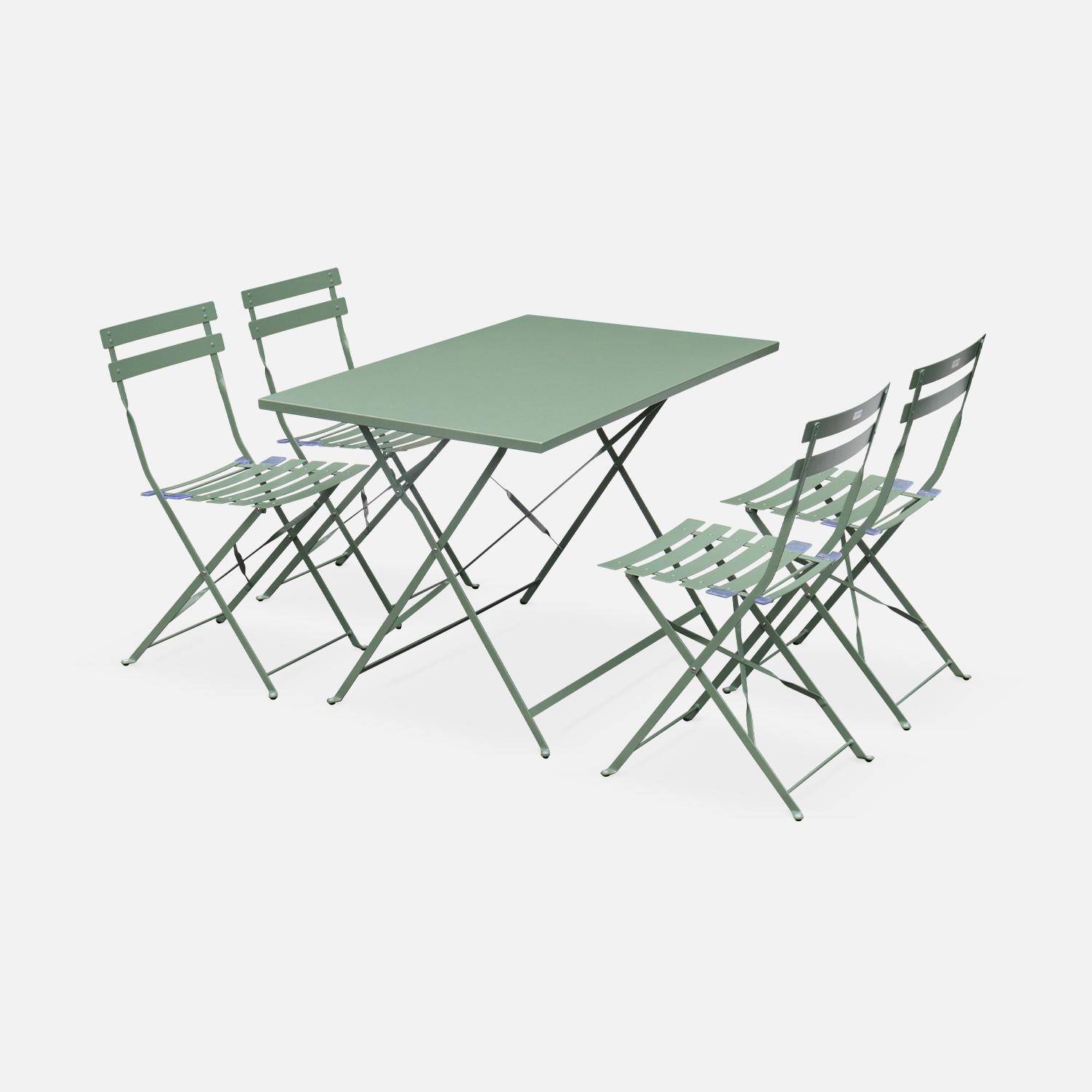 Klappbare Bistro-Gartengarnitur - Rechteckig Emilia graugrün - 110 x 70 cm großer Tisch mit vier Klappstühlen aus pulverbeschichtetem Stahl Photo2