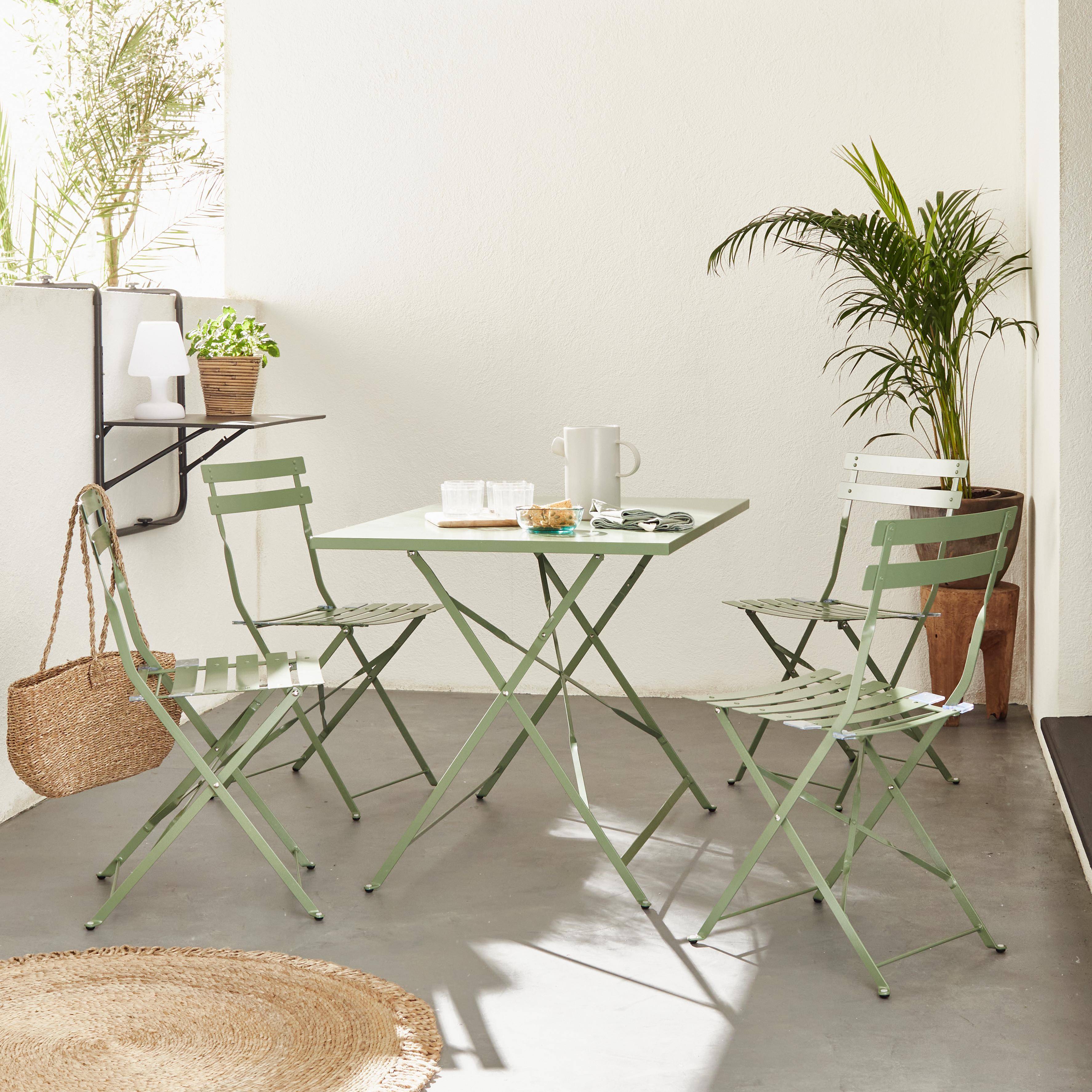 4-seater foldable thermo-lacquered steel bistro garden table with chairs, 110x70cm - Emilia - Sage green,sweeek,Photo1