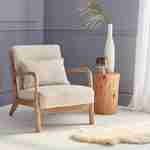 Poltrona di design in legno e tessuto, 1 seduta fissa diritta, pieds compas scandinave, beige Photo1
