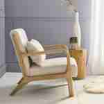 Poltrona di design in legno e tessuto, 1 seduta fissa diritta, pieds compas scandinave, beige Photo2