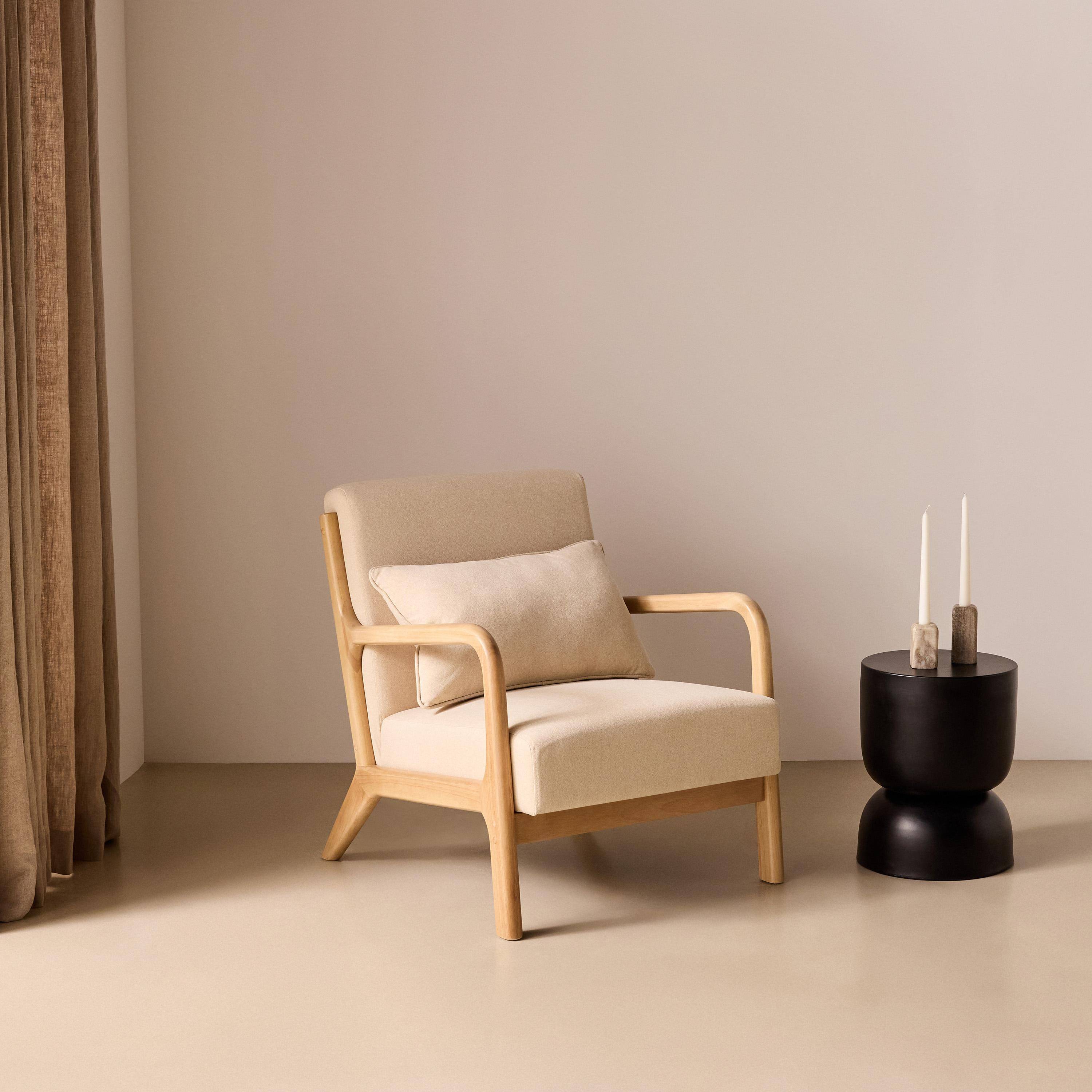 Moderner Sessel aus Holz und Stoff, 1 Person, Zirkelbeine, solides Holzgestell, skandinavischer Stil, bequeme Sitzfläche in Beige - Lorens Photo1