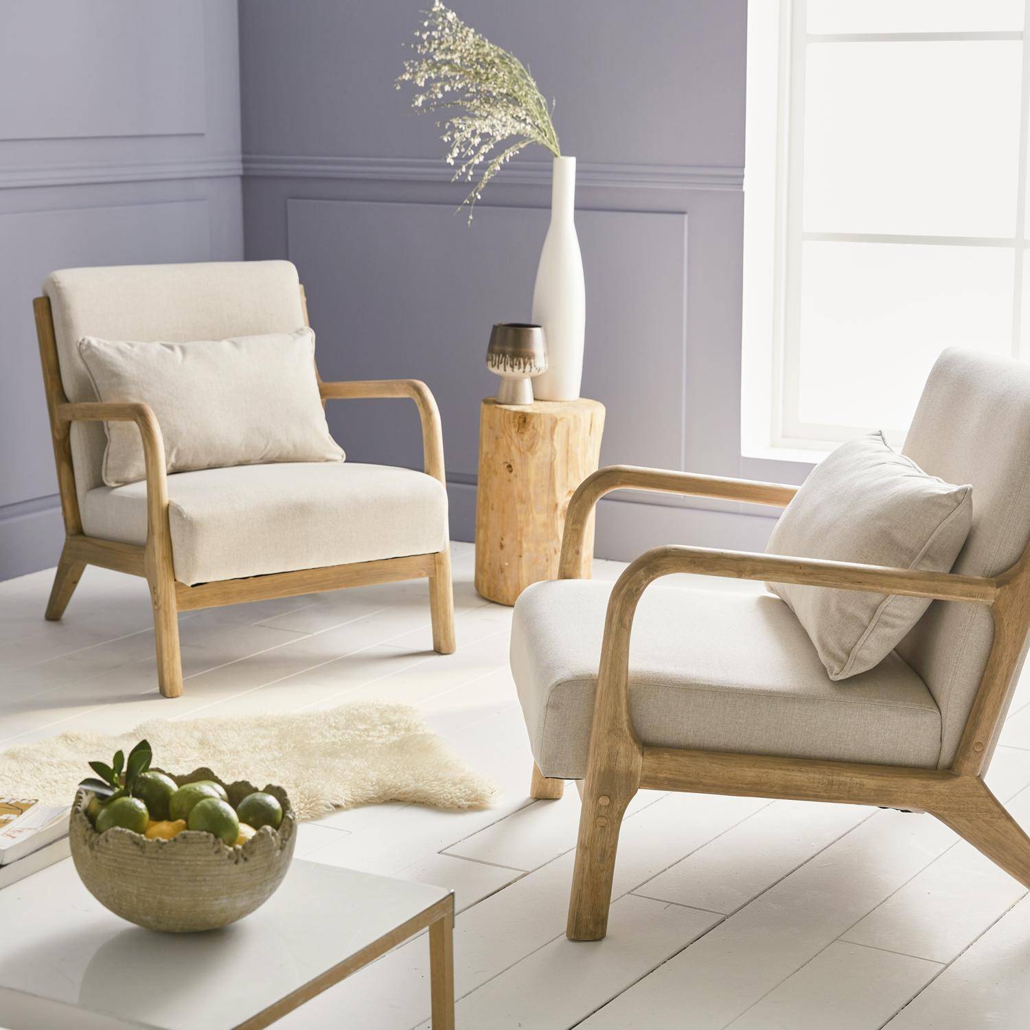 Poltrona de design em madeira e tecido, 1 assento reto fixo, pernas em bússola escandinavas, estrutura em madeira maciça, assento bege confortável Photo3