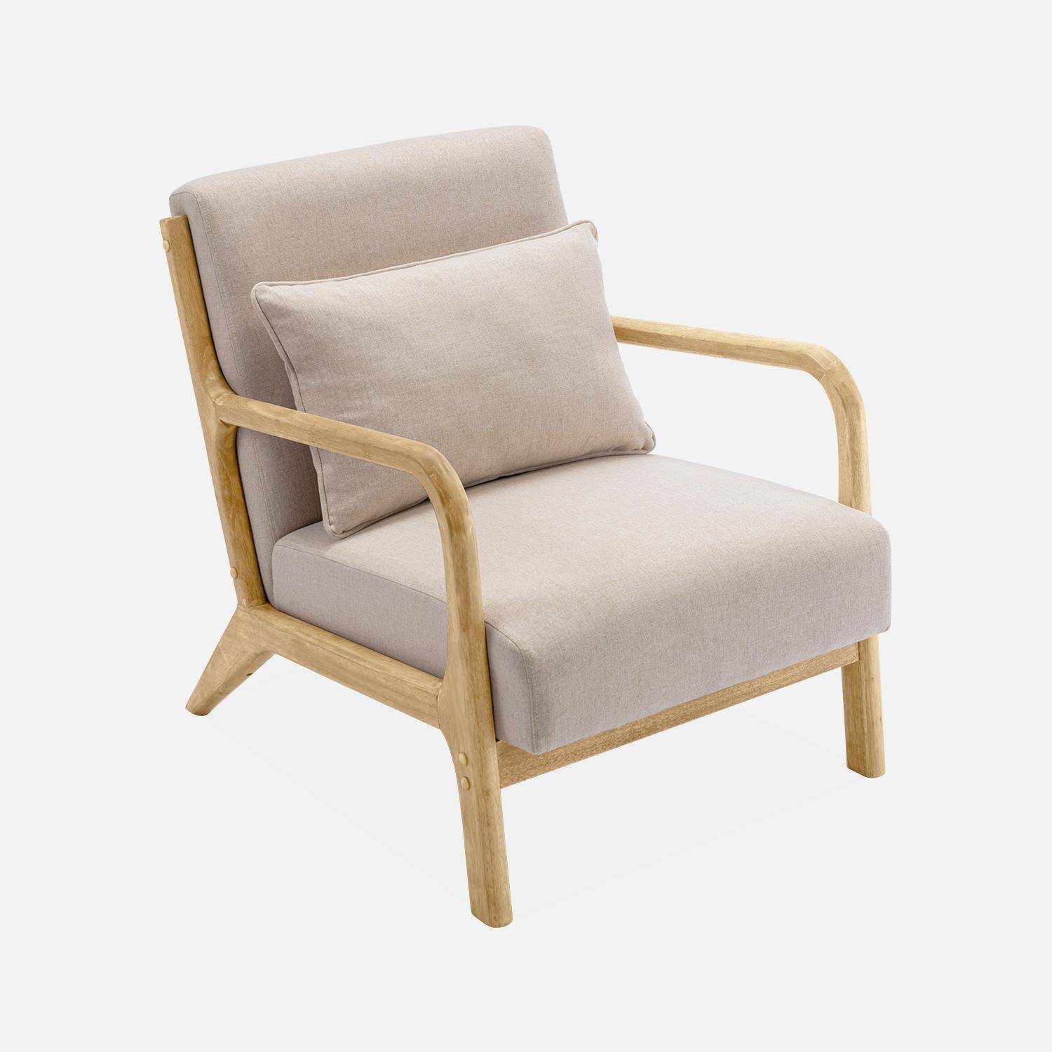 Poltrona de design em madeira e tecido, 1 assento reto fixo, pernas em bússola escandinavas, estrutura em madeira maciça, assento bege confortável Photo4