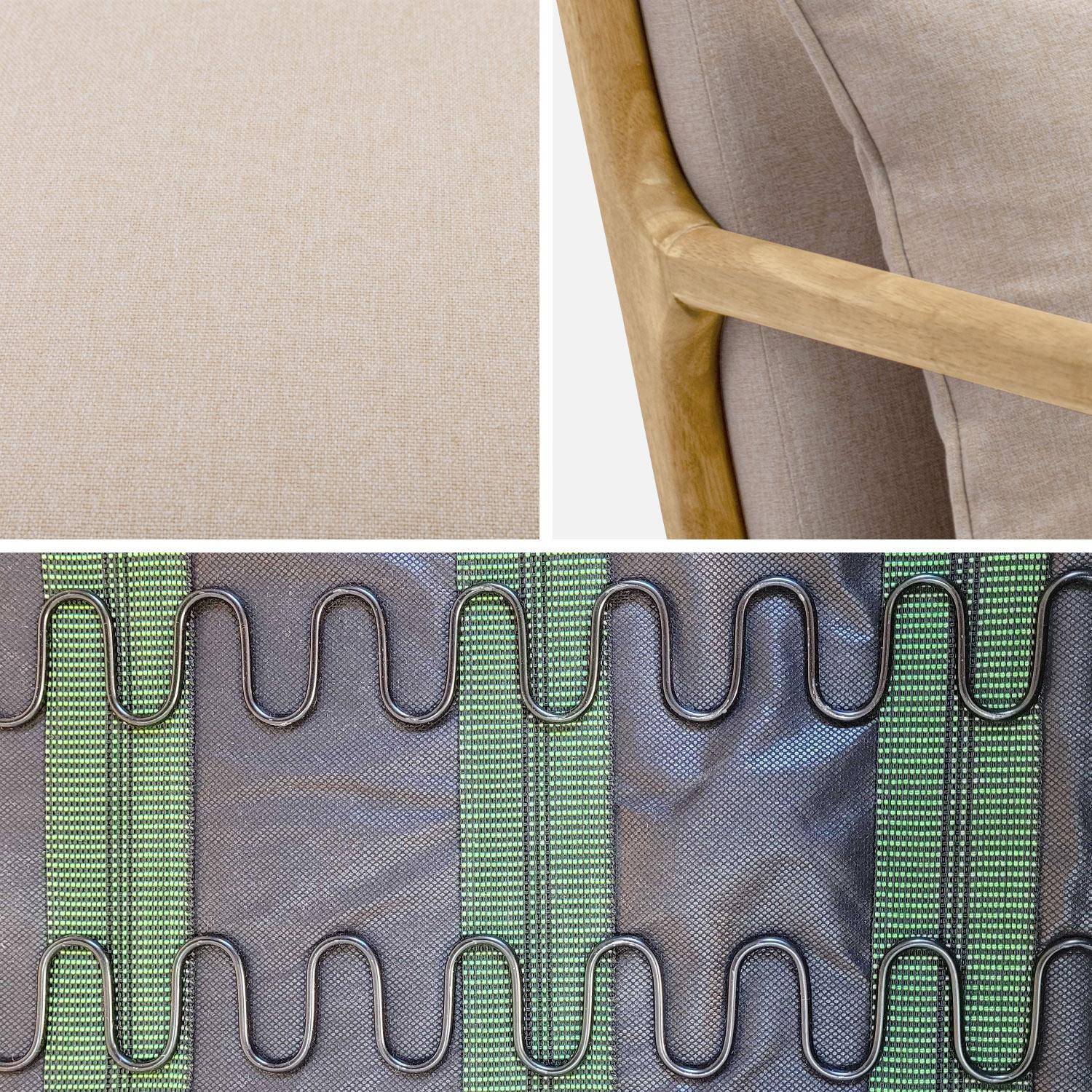 Poltrona de design em madeira e tecido, 1 assento reto fixo, pernas em bússola escandinavas, estrutura em madeira maciça, assento bege confortável Photo7