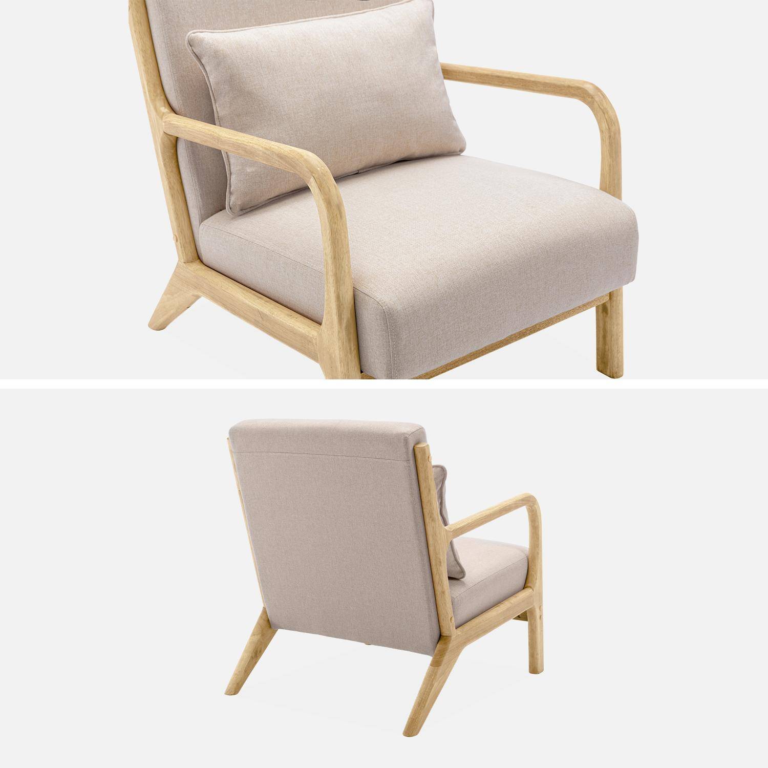 Poltrona de design em madeira e tecido, 1 assento reto fixo, pernas em bússola escandinavas, estrutura em madeira maciça, assento bege confortável Photo6