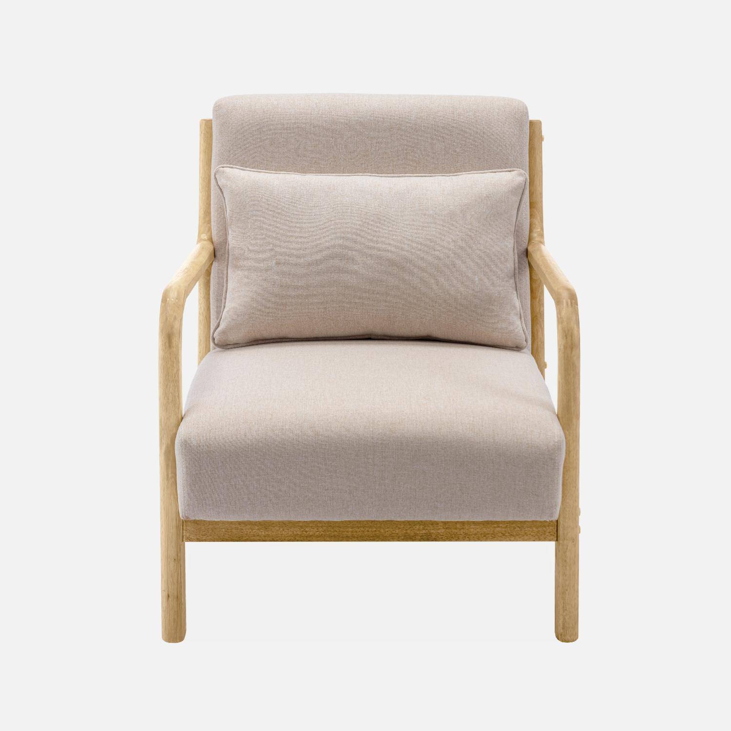 Poltrona de design em madeira e tecido, 1 assento reto fixo, pernas em bússola escandinavas, estrutura em madeira maciça, assento bege confortável Photo5
