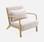 Poltrona di design in legno e tessuto, 1 seduta fissa diritta, gambe a compasso scandinave, beige