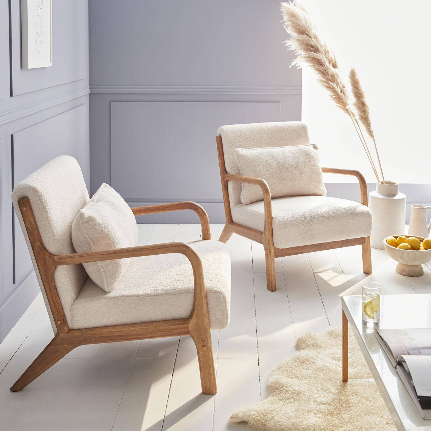 Poltrona di design in legno e tessuto bouclé, 1 seduta fissa diritta, gambe a compasso scandinave, beige,sweeek,Photo2