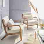 Fauteuil à bouclettes blanches, bois et tissu, 1 place droit fixe, pieds compas scandinave, structure en bois solide, assise confortable Photo2