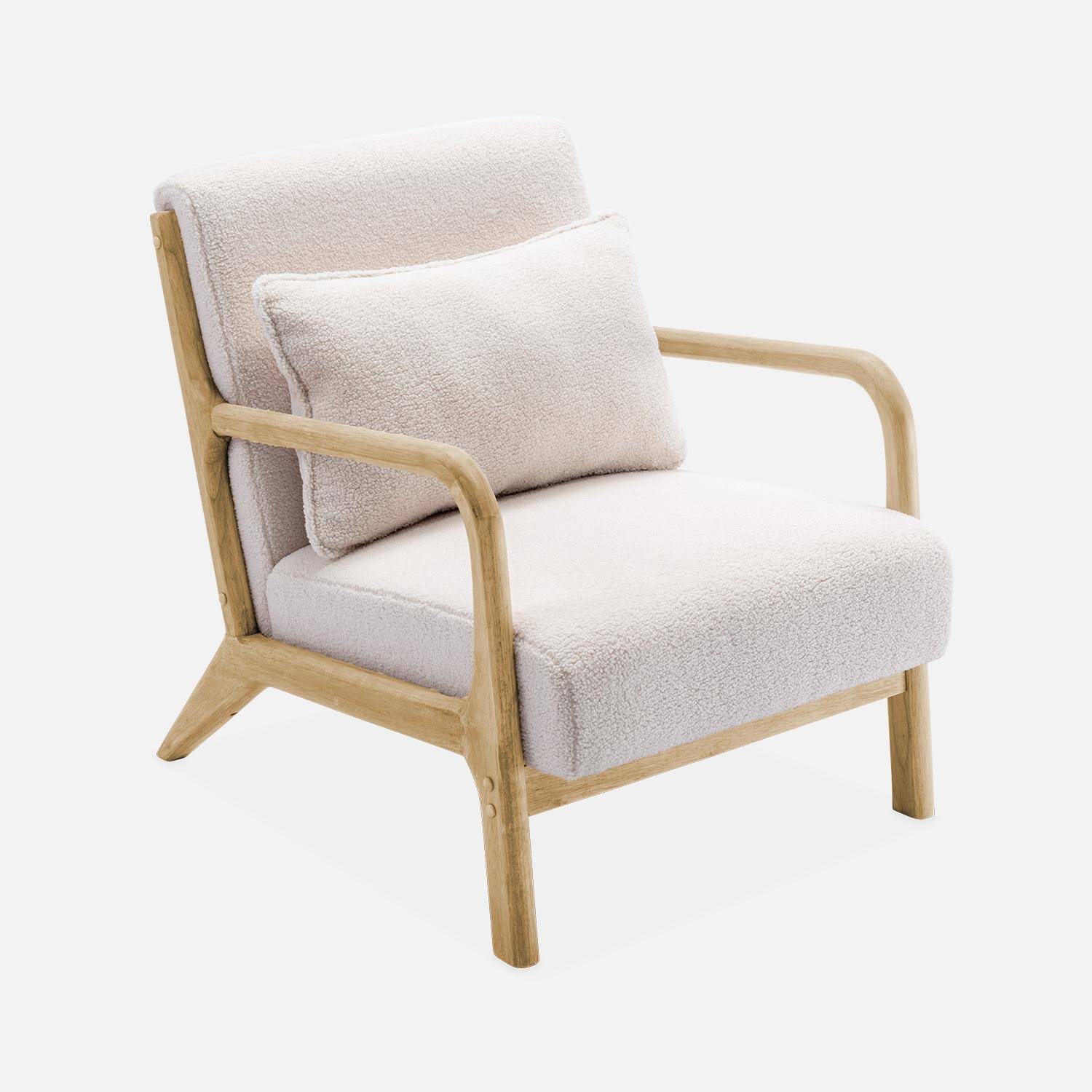 Sillón de rizos blancos, madera y tela, 1 asiento recto fijo, patas de compás escandinavas, armazón de madera maciza, asiento cómodo Photo4