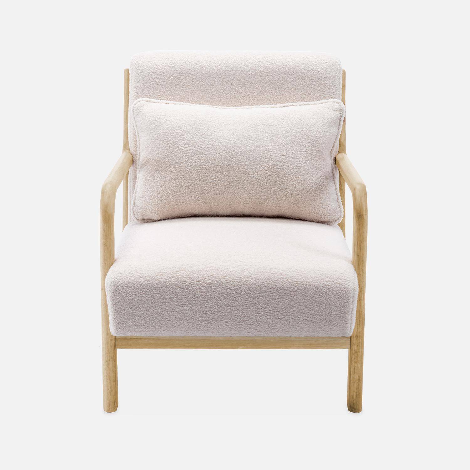 Poltrona di design in legno e tessuto bouclé, 1 seduta fissa diritta, gambe a compasso scandinave, beige Photo5