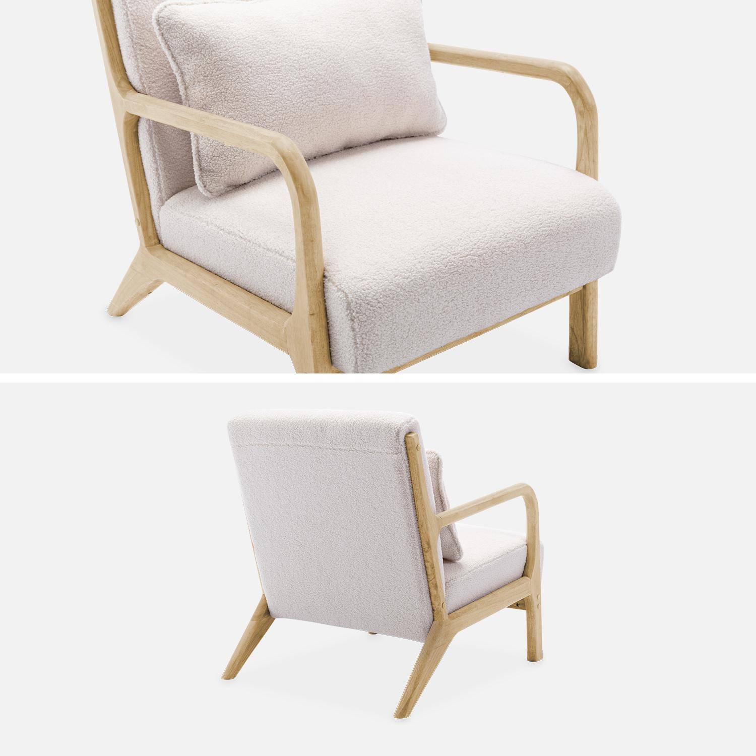 Sillón de rizos blancos, madera y tela, 1 asiento recto fijo, patas de compás escandinavas, armazón de madera maciza, asiento cómodo Photo6