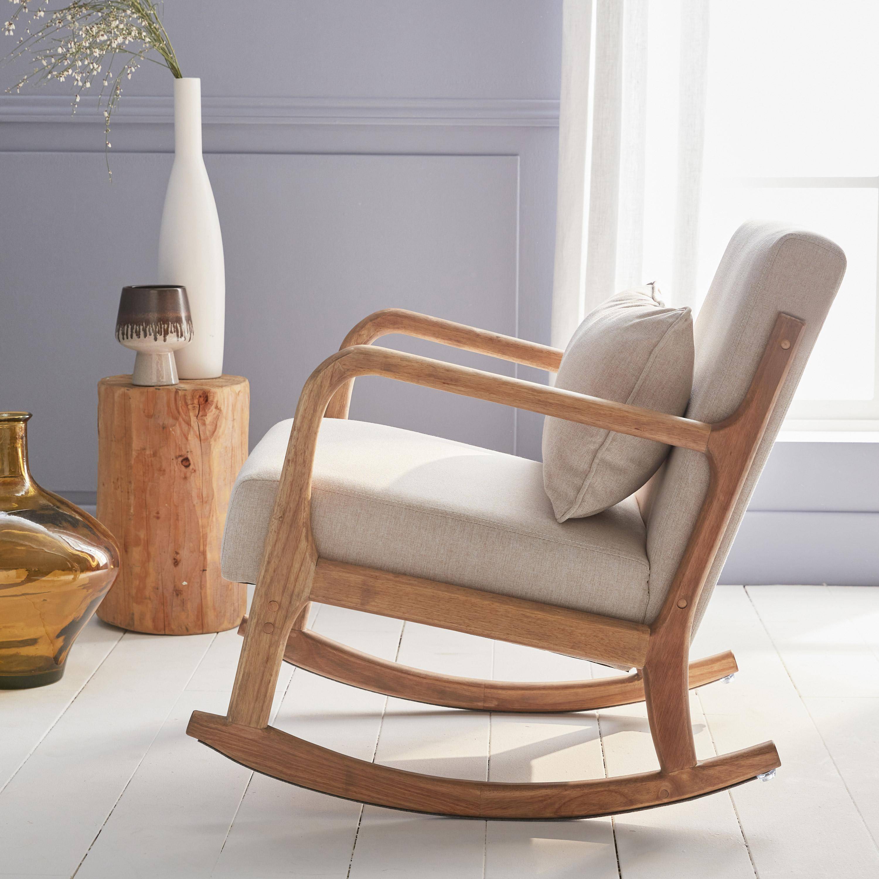 Fauteuil à bascule design en bois et tissu, 1 place, rocking chair scandinave, beige Photo1