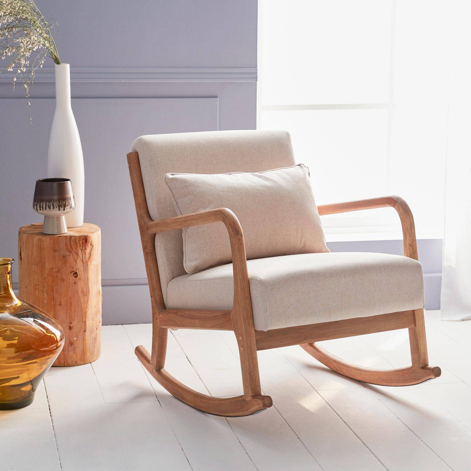 Cadeira de baloiço de design em madeira e tecido, 1 lugar, cadeira de baloiço escandinava, bege,sweeek,Photo1