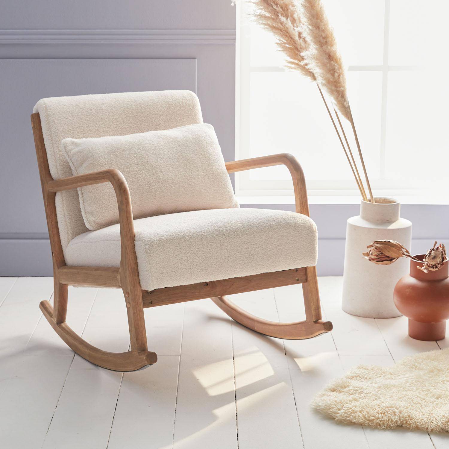 Fauteuil à bascule design en bois et tissu, bouclettes blanches, 1 place, rocking chair scandinave Photo1