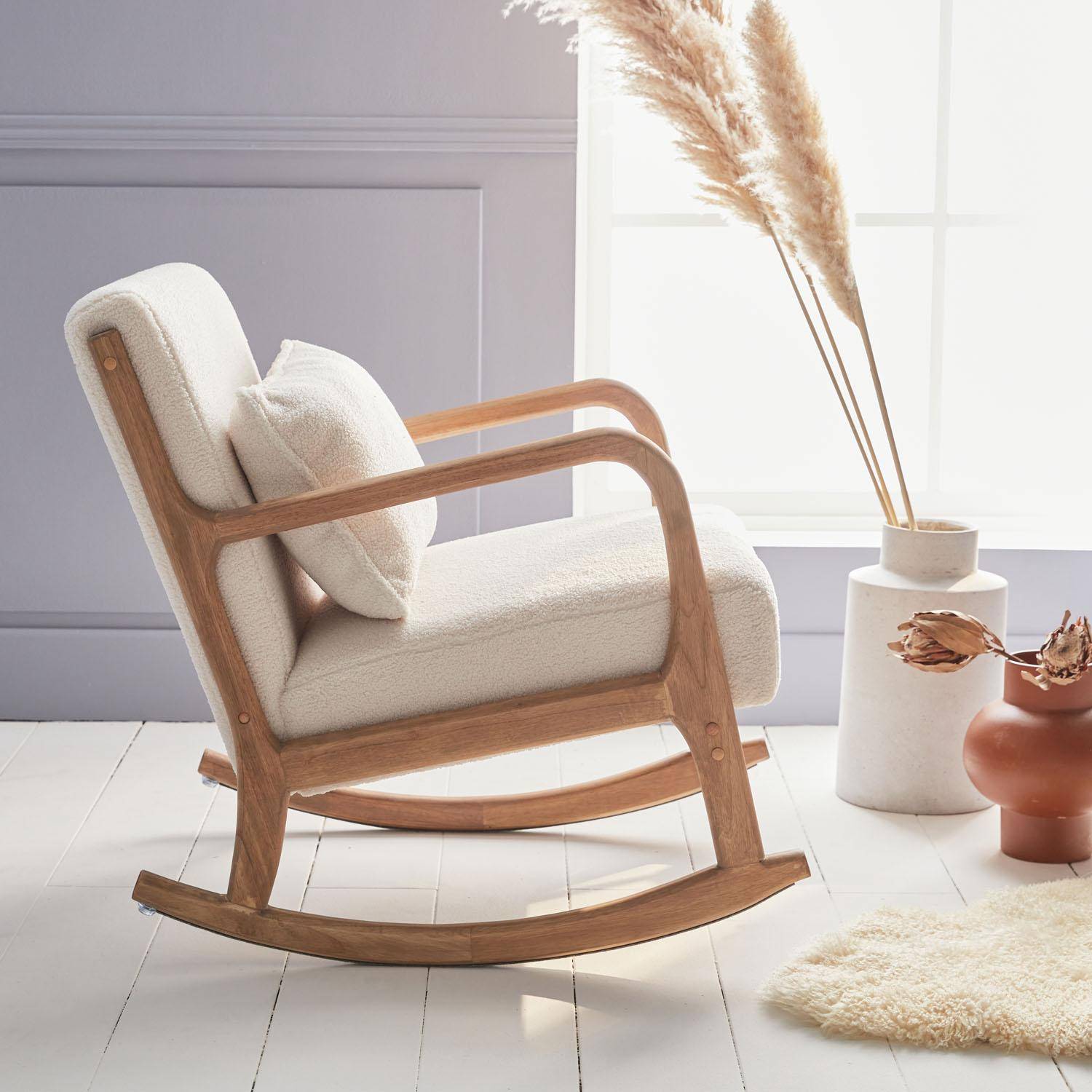 Design schommelstoel van hout en bouclé stof, 1 plaats, Scandinavische look Photo5