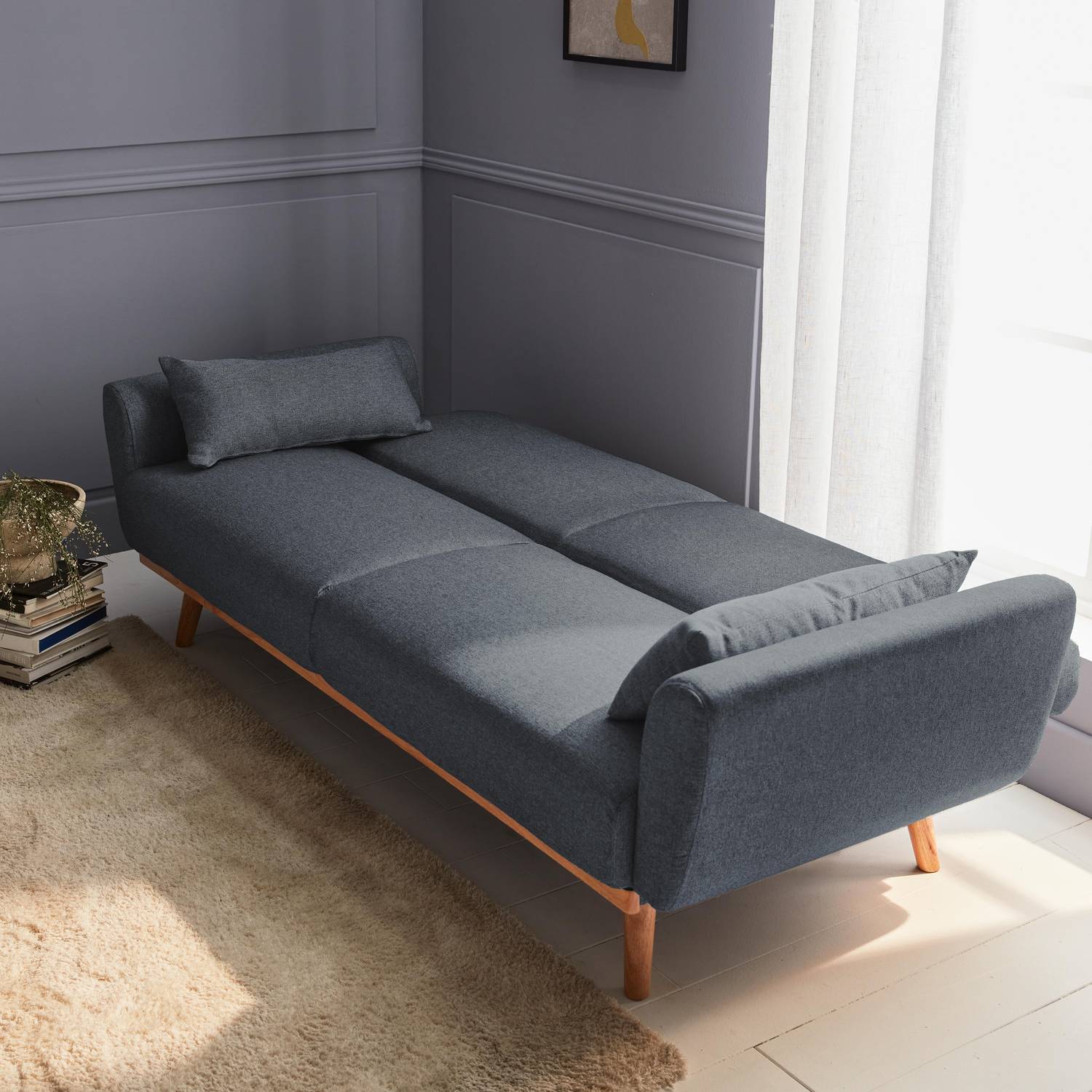 Sofá-cama de design em tecido - Oskar - 2 - 3 lugares de linhas rectas escandinavas com pernas de madeira Photo2
