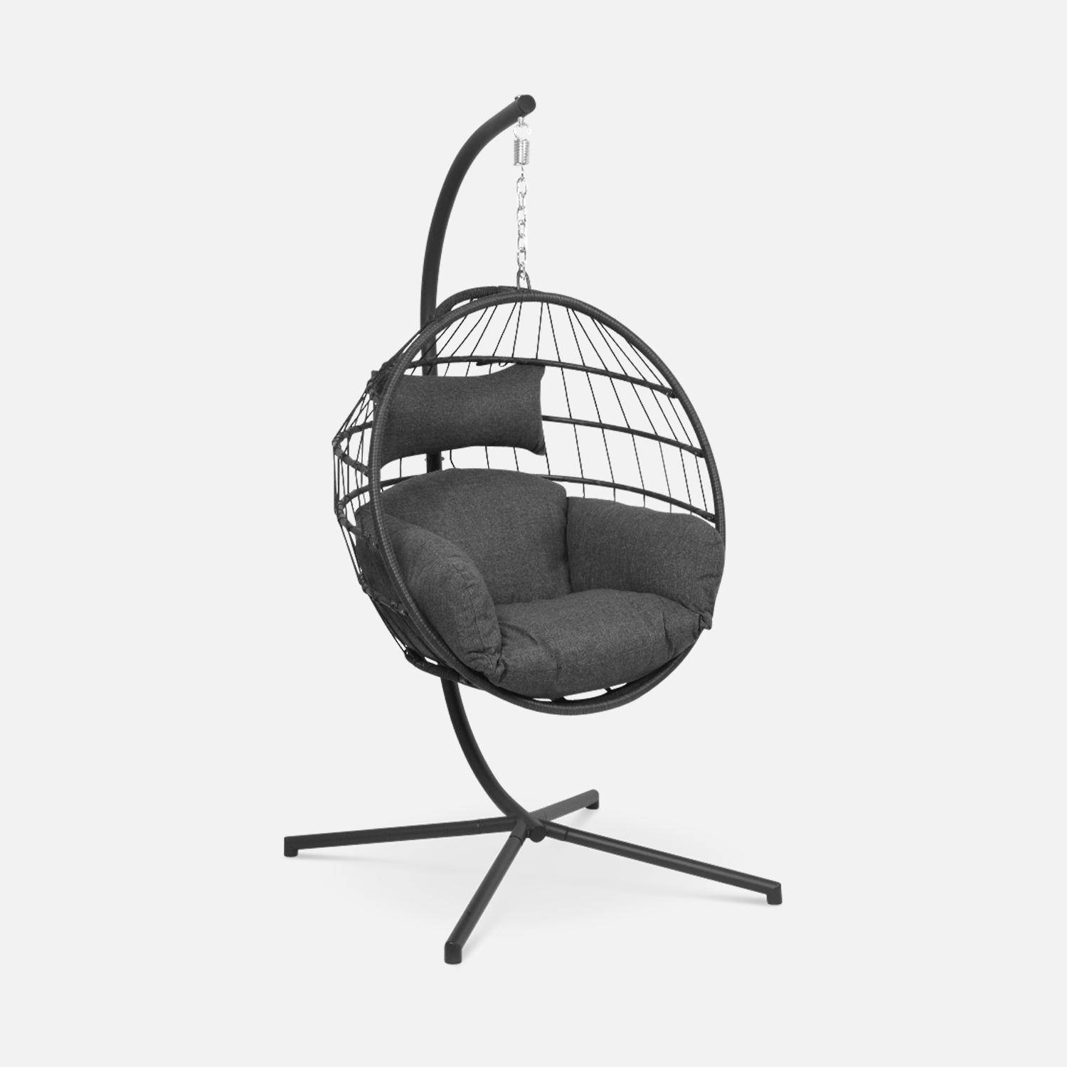 Hangstoel van zwart touw en grijs kussen met standaard, ronde retrozitting, hangei Photo2
