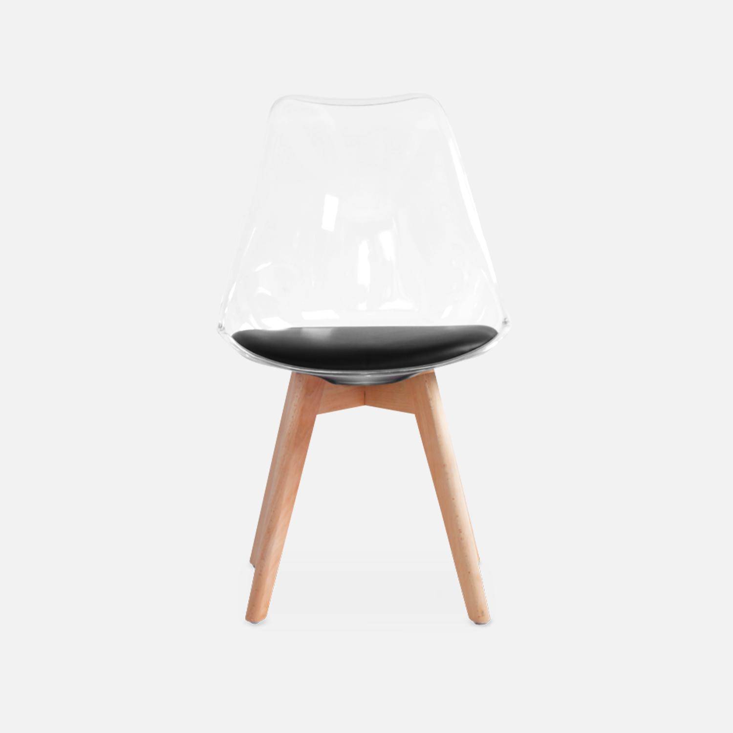 4er Set Stühle im skandinavischen Stil - Lagertha - Holzbeine, Ein Sitz, schwarzes Kissen, transparente Sitzschale Photo5