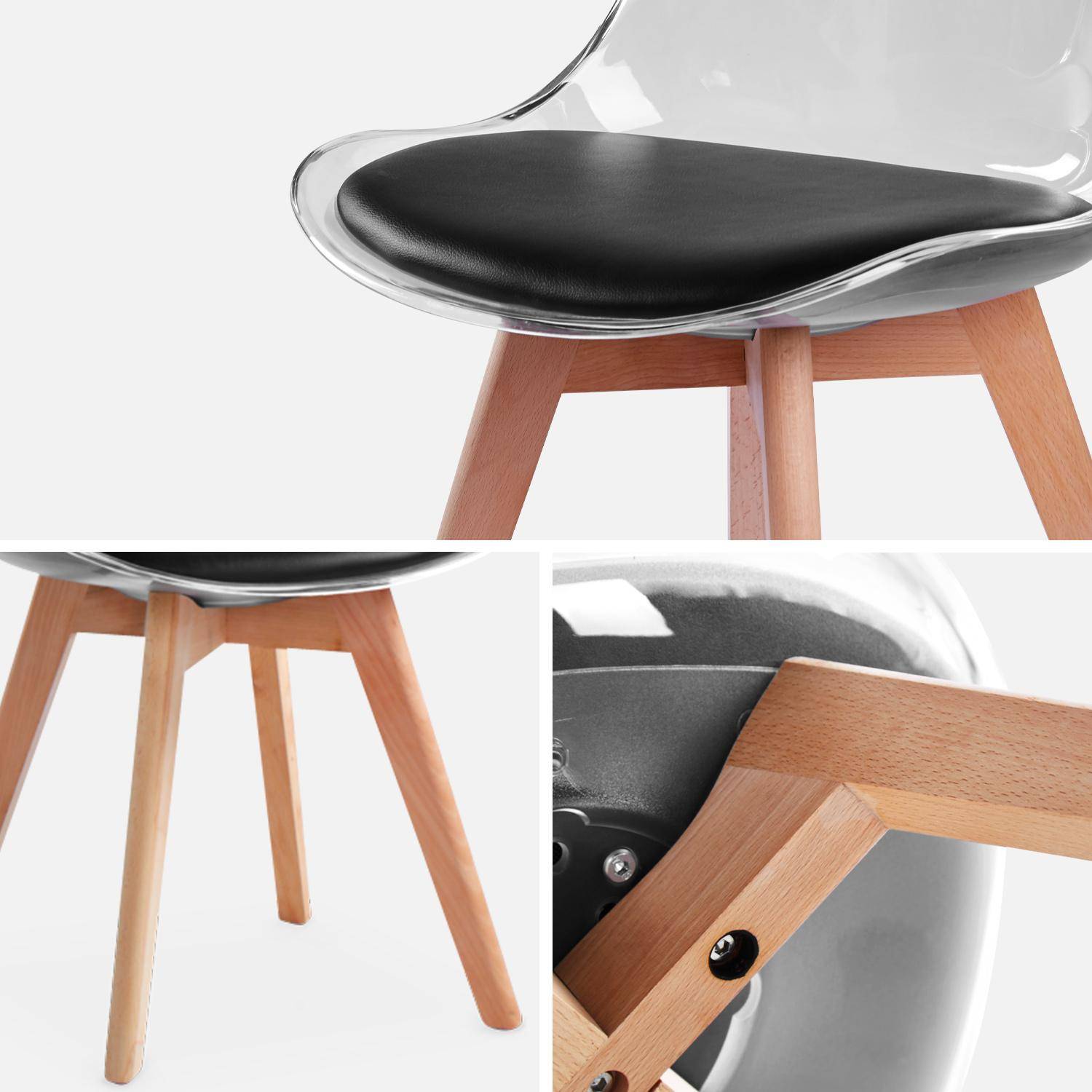 4er Set Stühle im skandinavischen Stil - Lagertha - Holzbeine, Ein Sitz, schwarzes Kissen, transparente Sitzschale Photo7