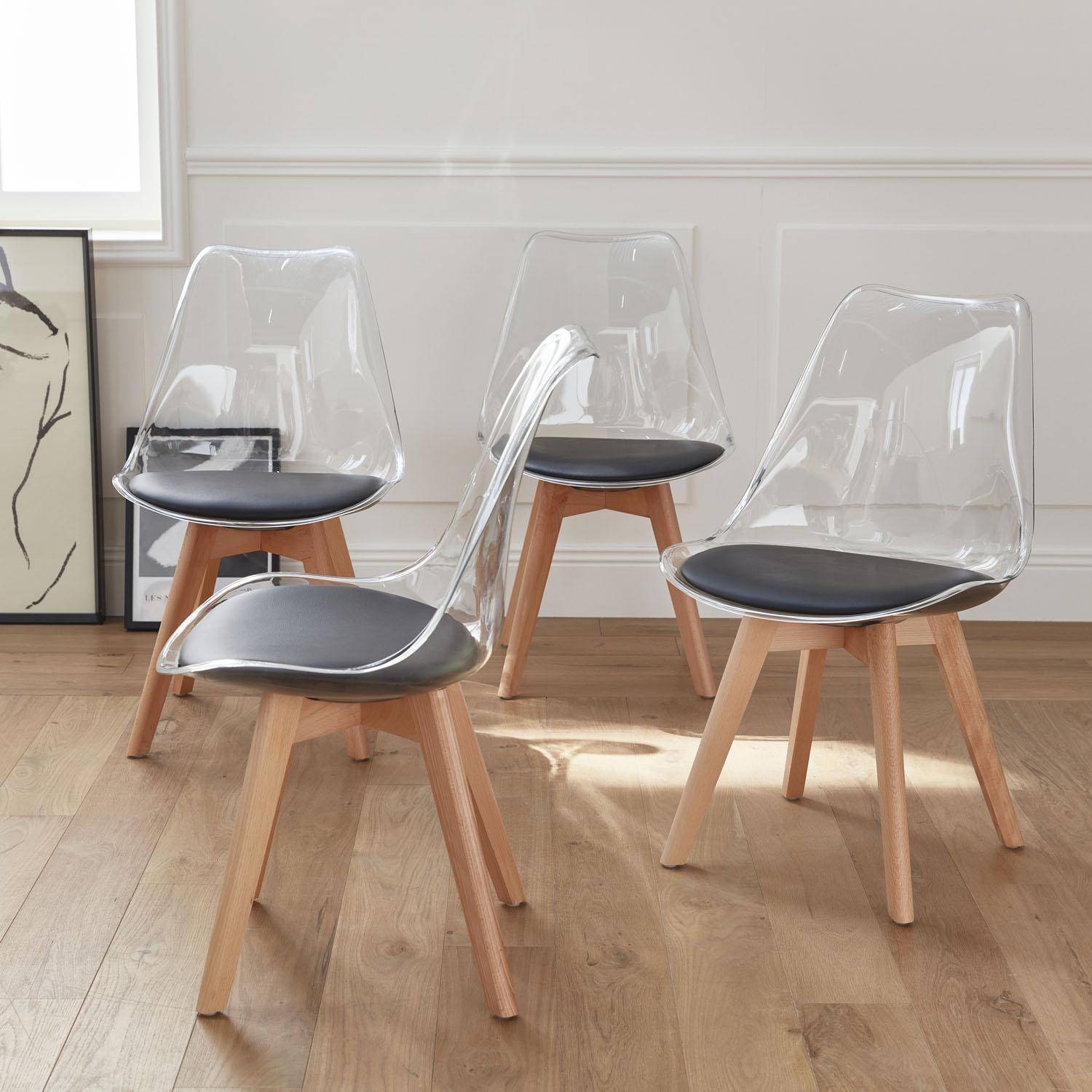 4er Set Stühle im skandinavischen Stil - Lagertha - Holzbeine, Ein Sitz, schwarzes Kissen, transparente Sitzschale Photo2