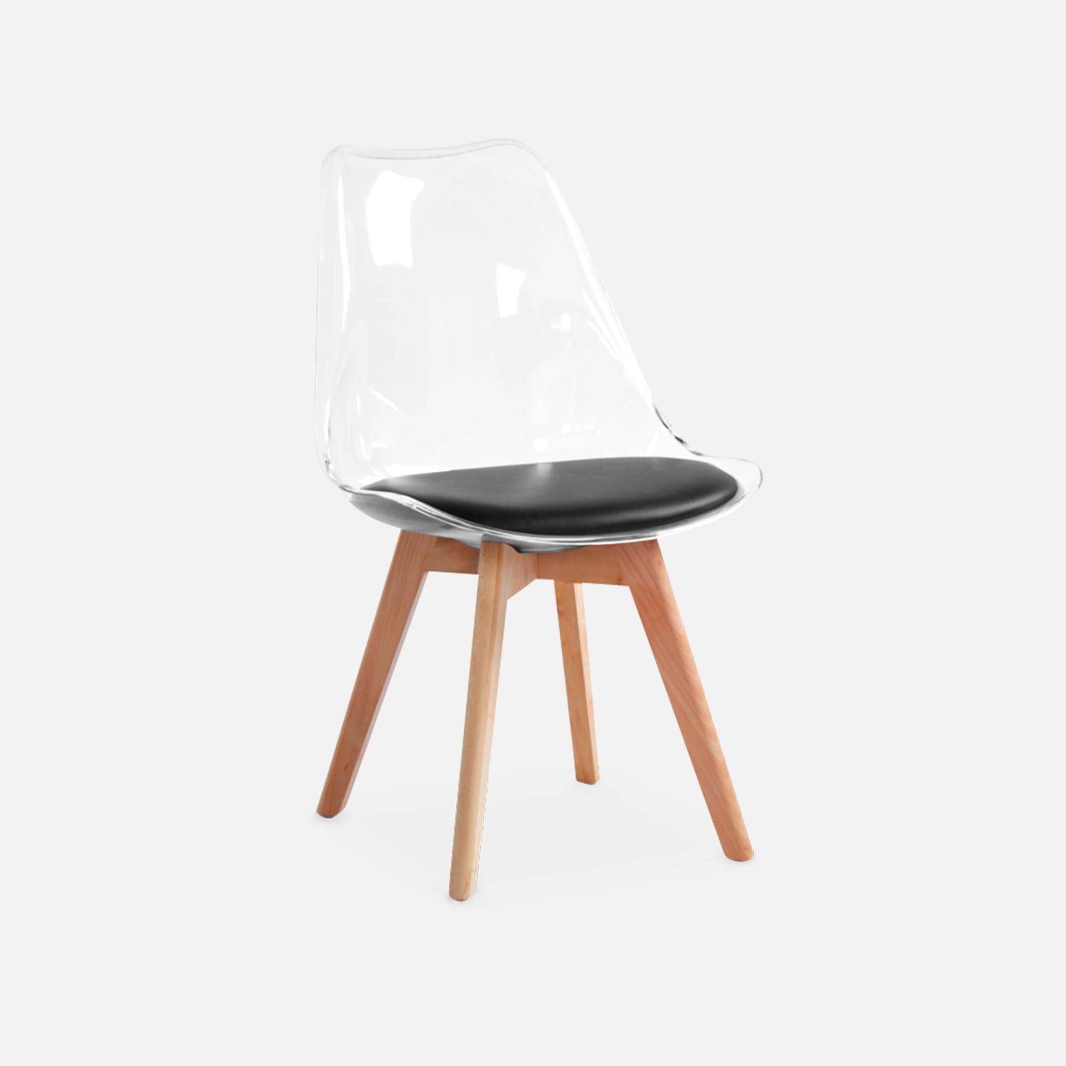 4er Set Stühle im skandinavischen Stil - Lagertha - Holzbeine, Ein Sitz, schwarzes Kissen, transparente Sitzschale Photo6