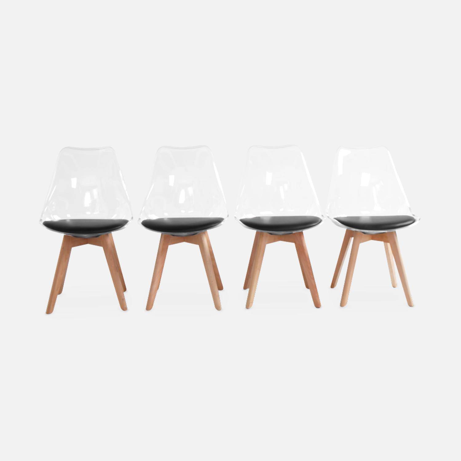 4er Set Stühle im skandinavischen Stil - Lagertha - Holzbeine, Ein Sitz, schwarzes Kissen, transparente Sitzschale Photo4